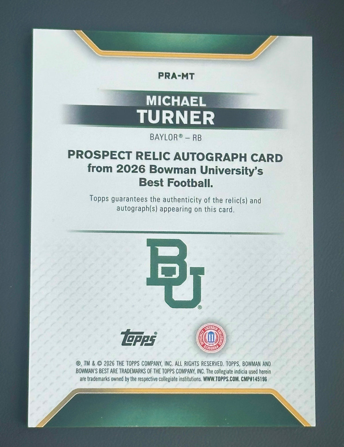 2026 Bowman U Best Michael Turner Black Refractor Game Worn Patch auto /10
