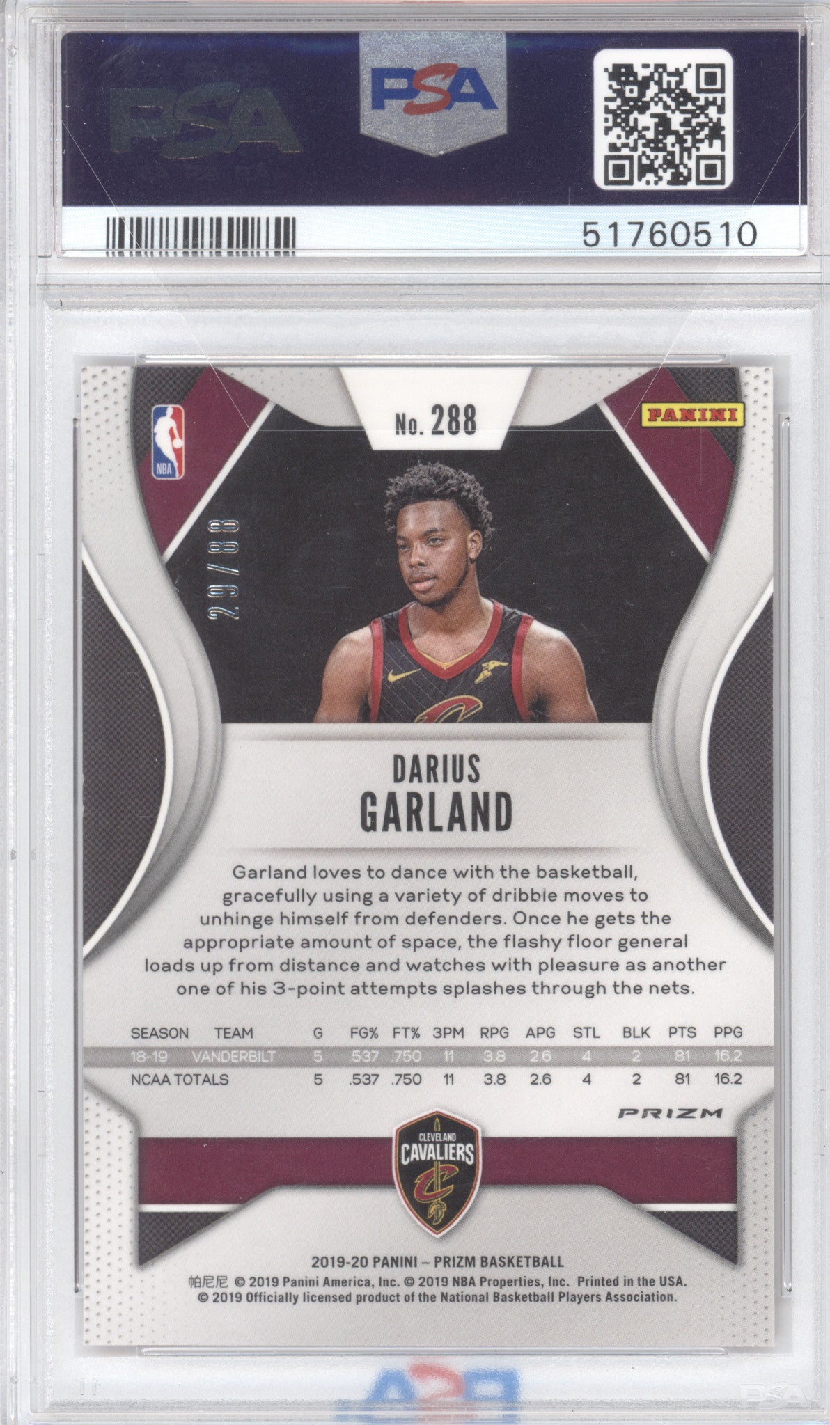 2019 Panini Prizm Darius Garland #288 Choice Red RC 29/88 PSA 10