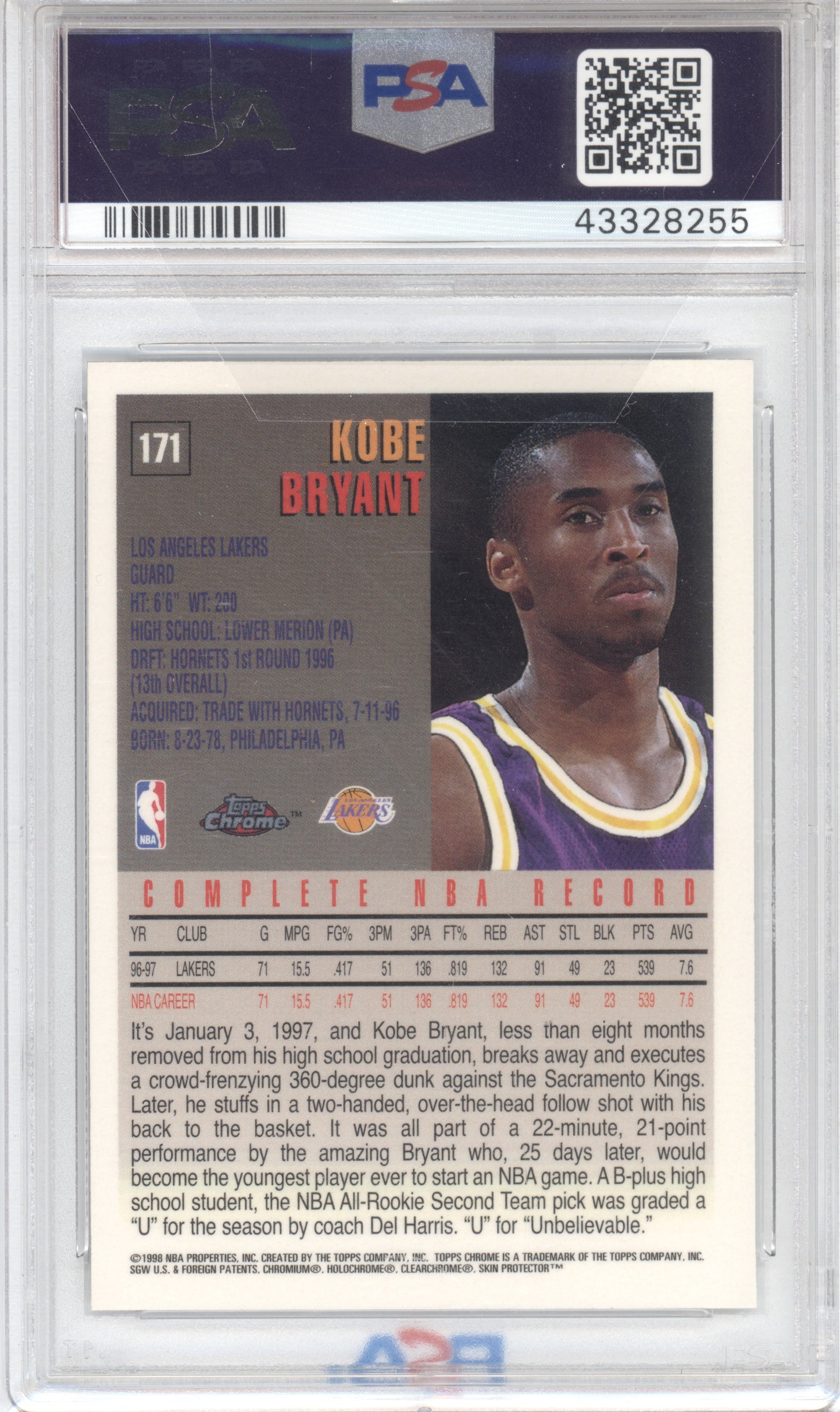 1997 Topps Chrome Kobe Bryant #171 PSA 9