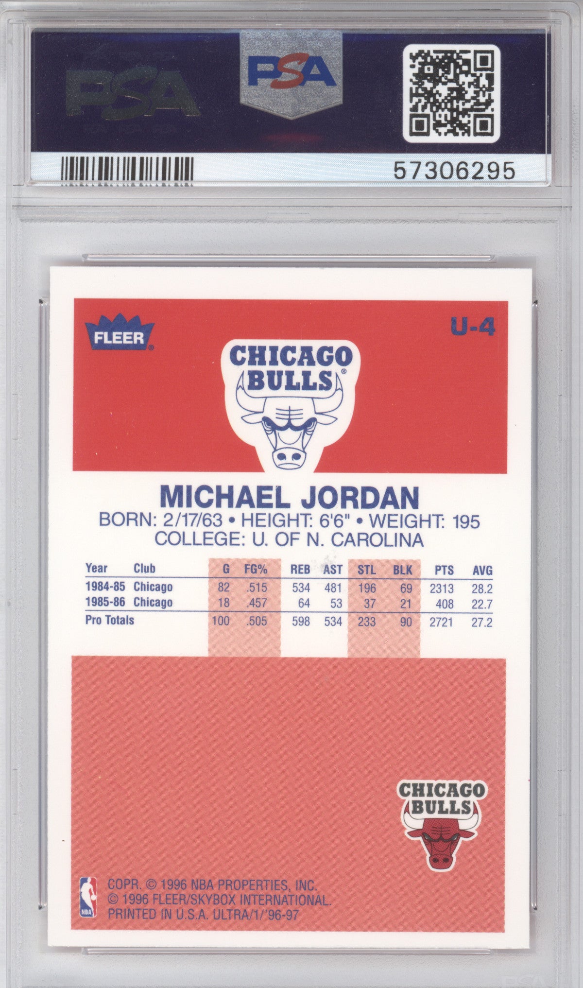 1996 Ultra Decade Of Excellence Michael Jordan #U-4 PSA 9