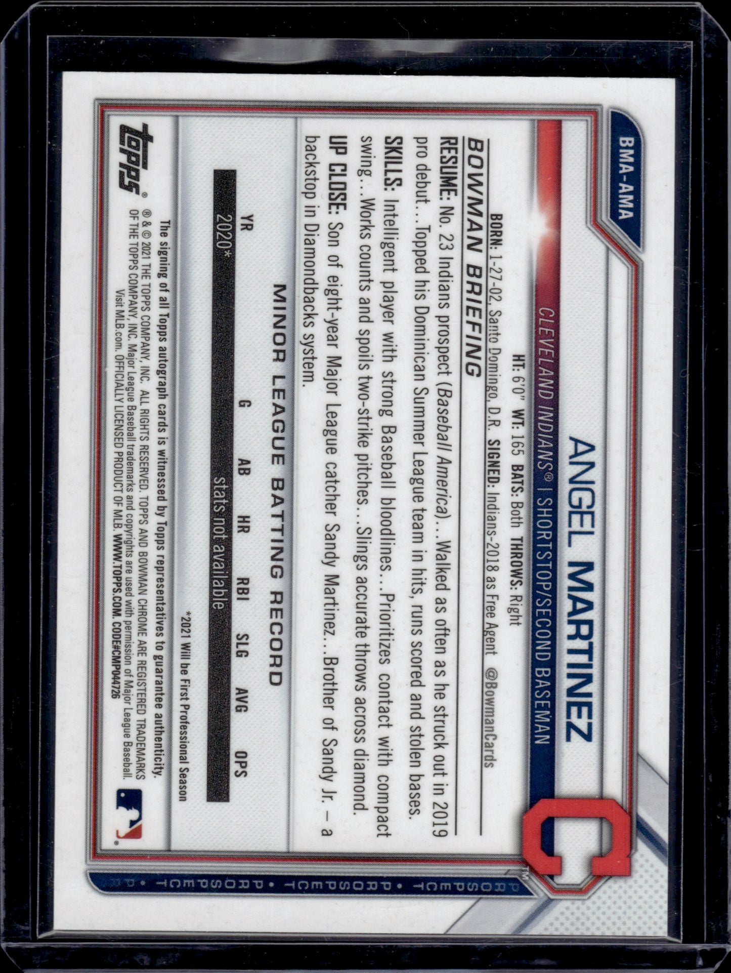 2019 Bowman Chrome Prospect Autographs Angel Martinez #BMA-AMA