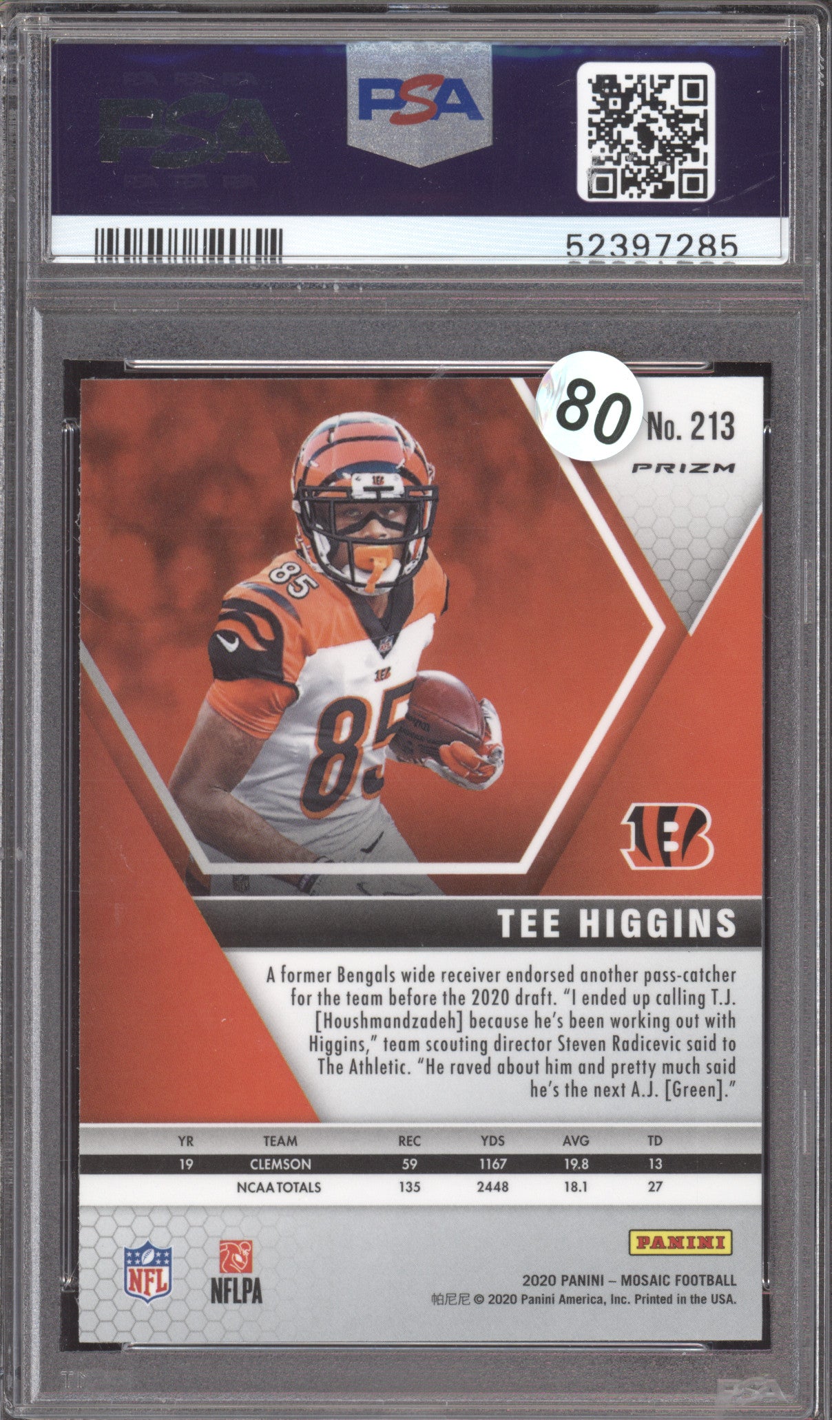 2020 Panini Mosaic Tee Higgins #213 Camo Pink RC PSA 10
