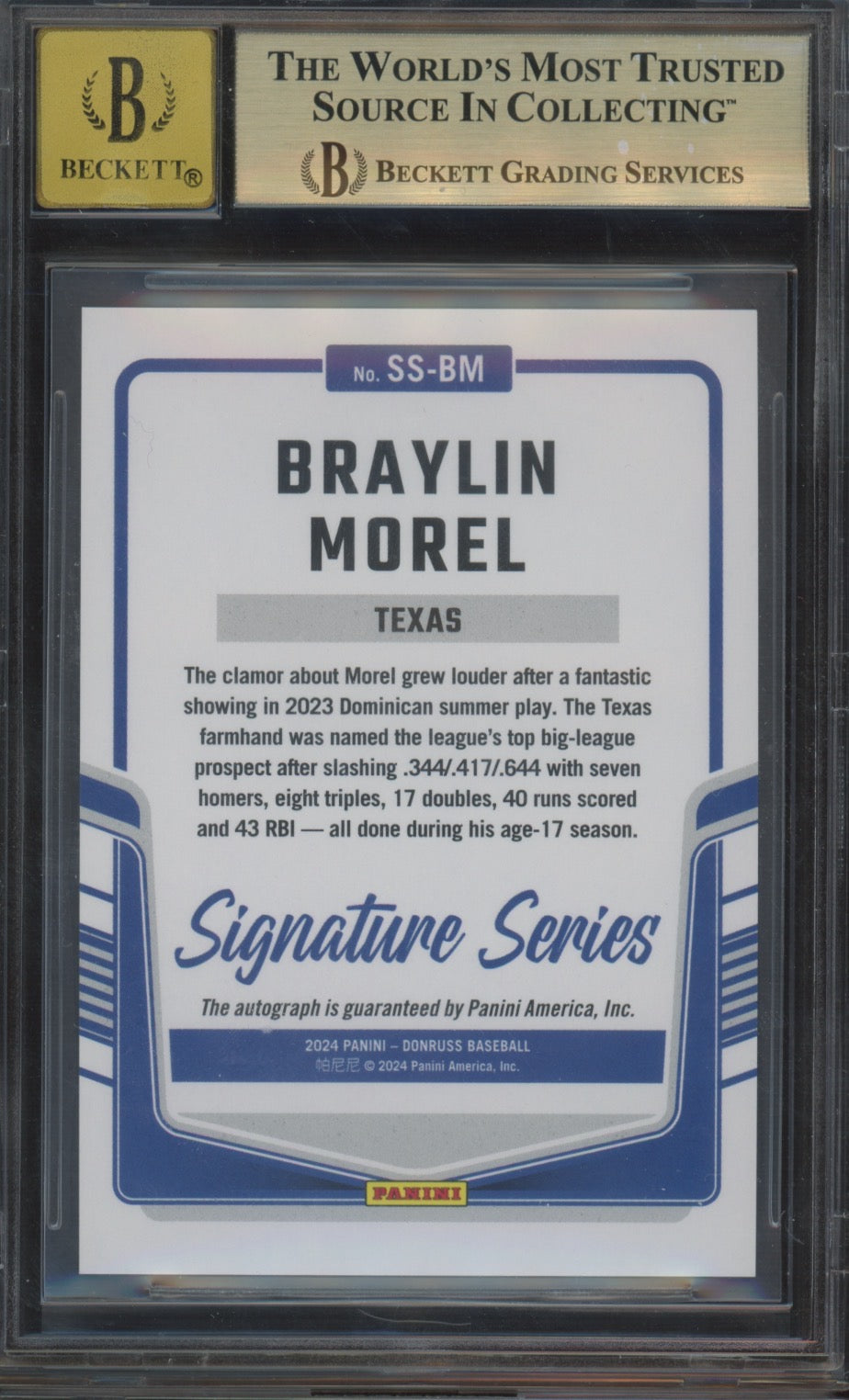 2024 Donruss Signature Series Braylin Morel #30 Laser BGS 9.5 Auto 10