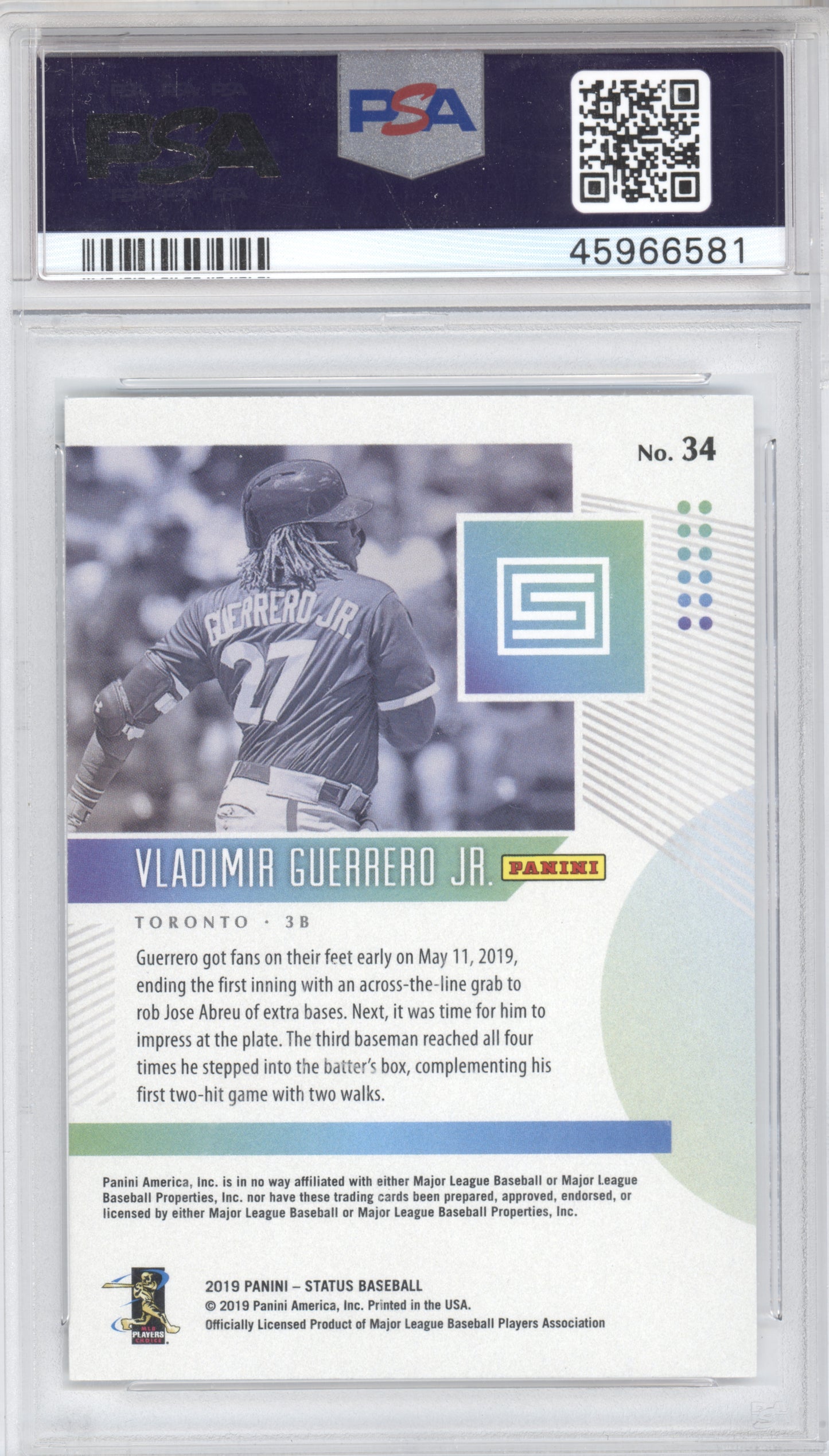 2019 Panini Chronicles Baseball Vladimir Guerrero Jr. #34 Status RC PSA 10