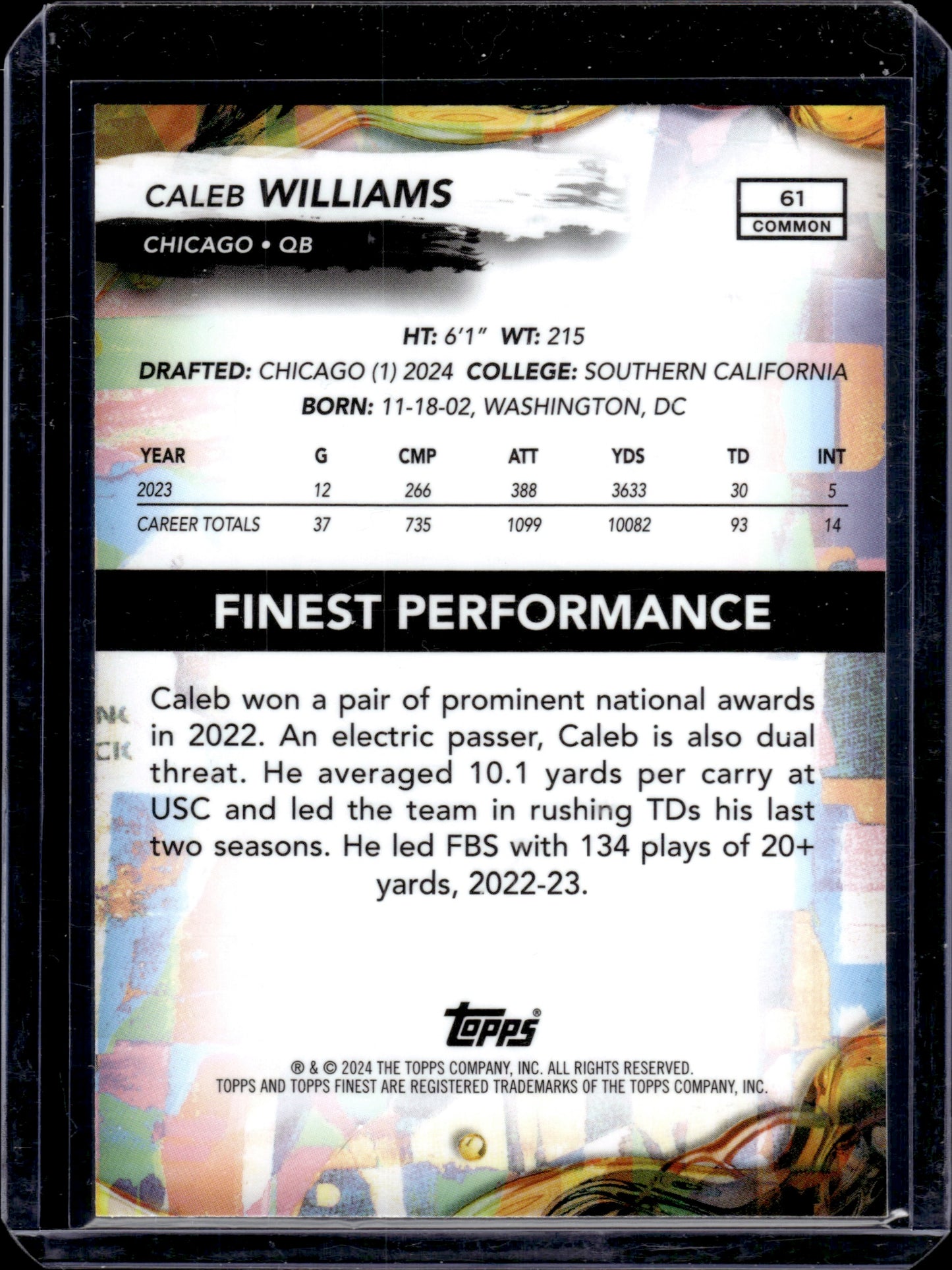 2024 Topps Finest Caleb Williams #61 Purple RC 024/250