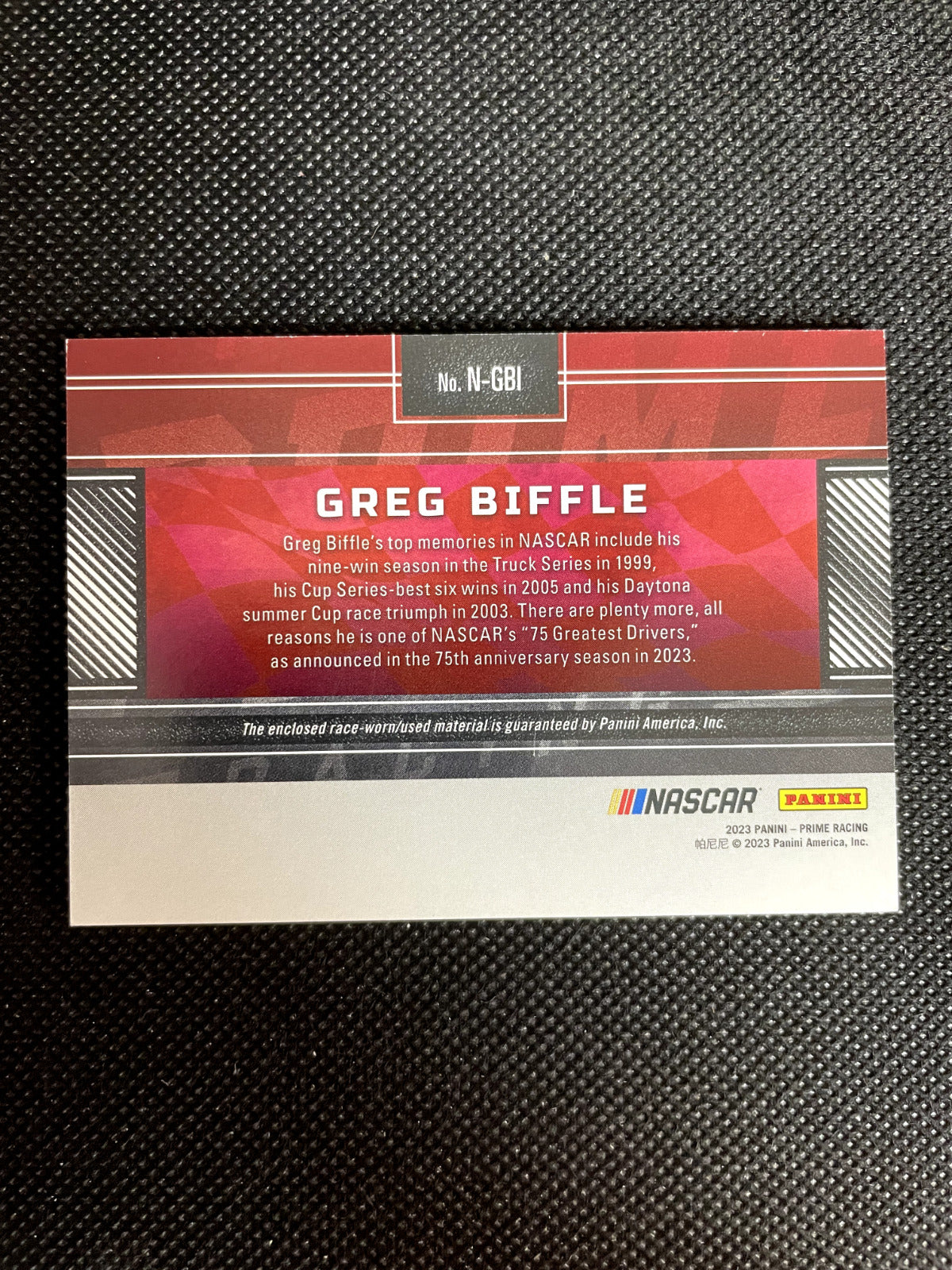 2023 Panini Prime Racing Greg Biffle Names Sheet Metal Relic 95/99