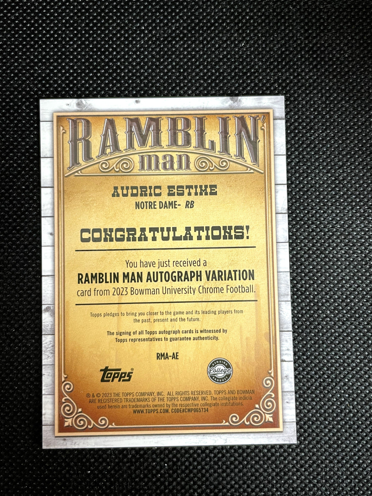 2023 Bowman Chrome Audric Estime Ramblin' Man Auto 06/99 Notre Dame