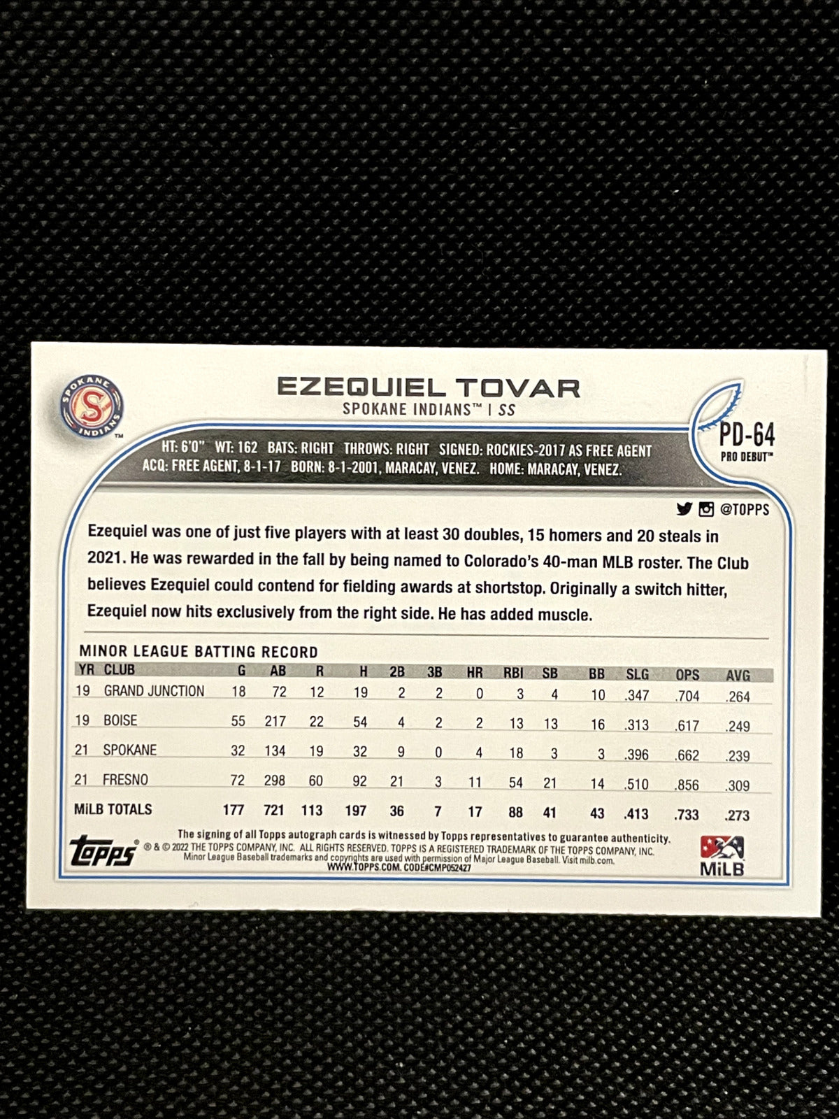 2022 Topps Pro Debut Ezequiel Tovar Rookie Autograph