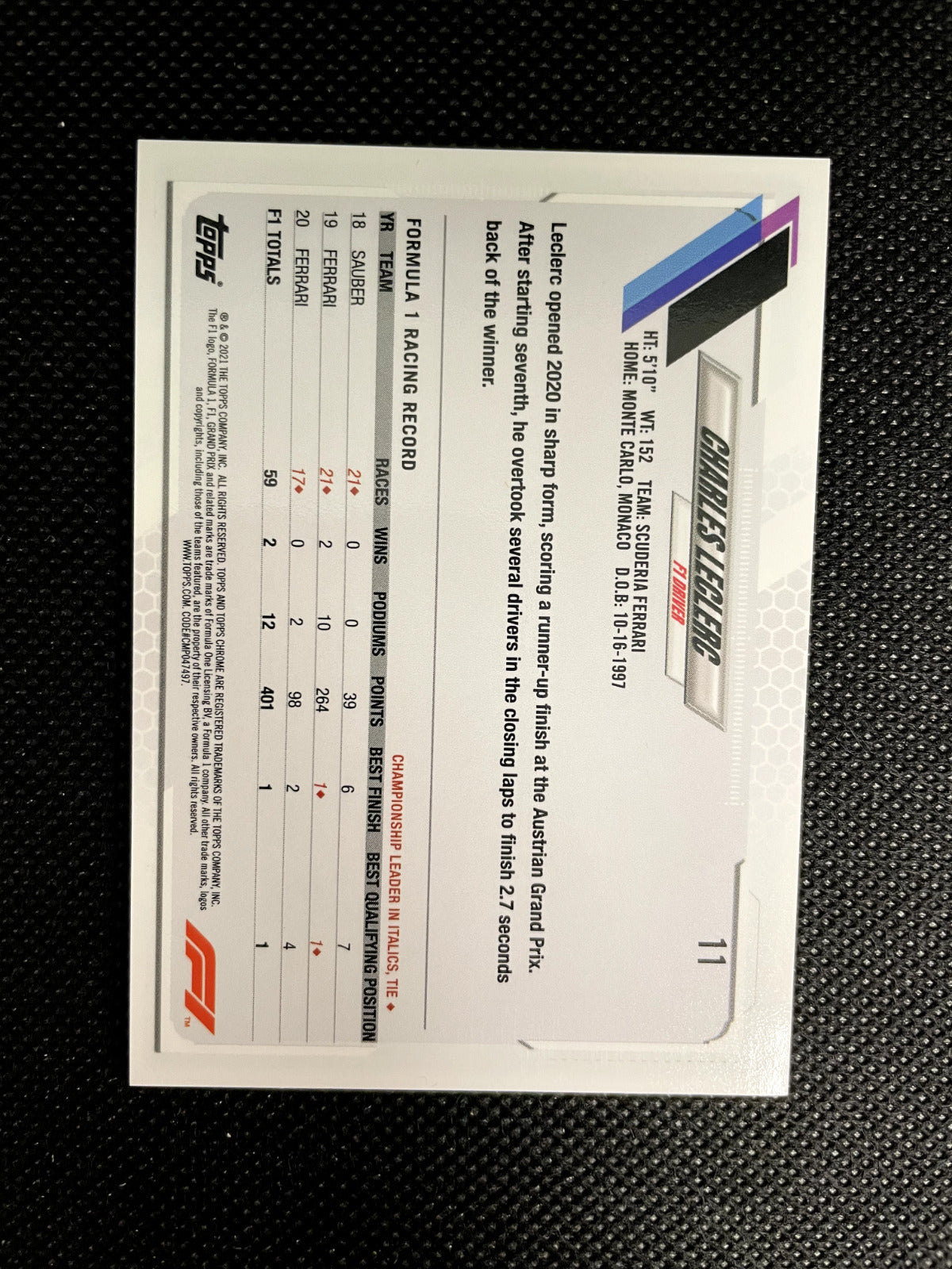 2021 Topps Chrome Formula 1 Portrait Base Charles Leclerc