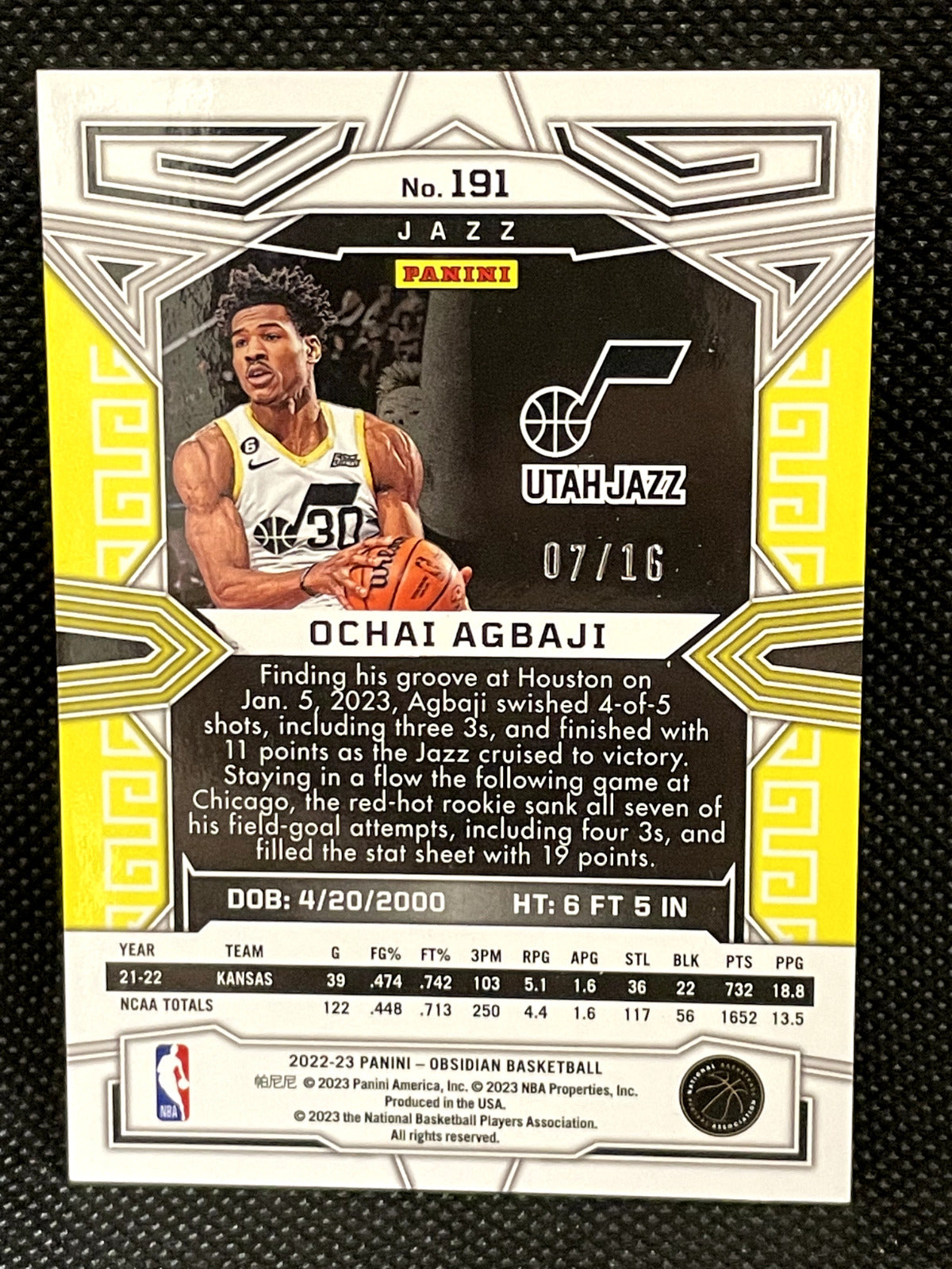2022-23 Ochai Ogbaji Panini Obsidian Asia Rookie Blue Etch 07/16