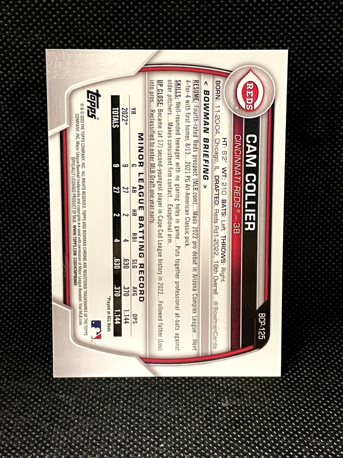 Cam Collier 2023 Bowman Chrome Lava Refractor 175/399 Reds 1st Bowman Chrome