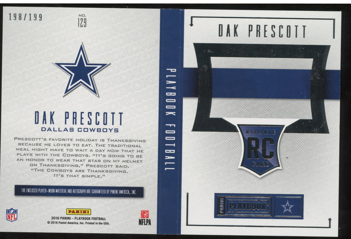 2016 Panini Playbook Football RC Dak Prescott #129 Patch 198/199