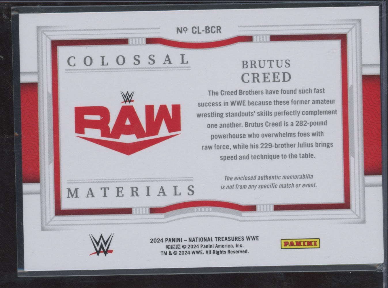 2024 Panini National Treasures WWE Brutus Creed Colossal 30/99 Memorabilia