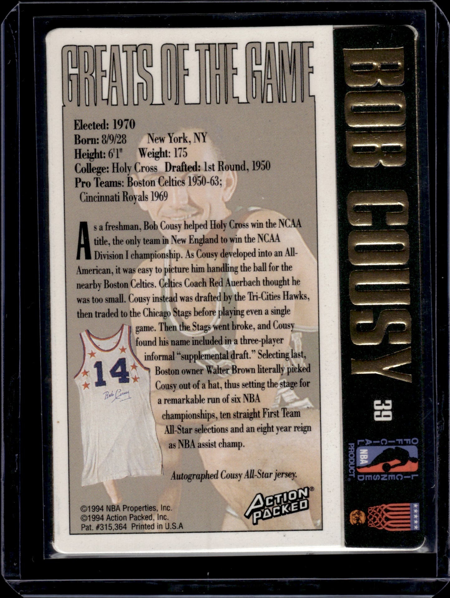 1995 Action Packed Greats of the Game Bob Cousy #39