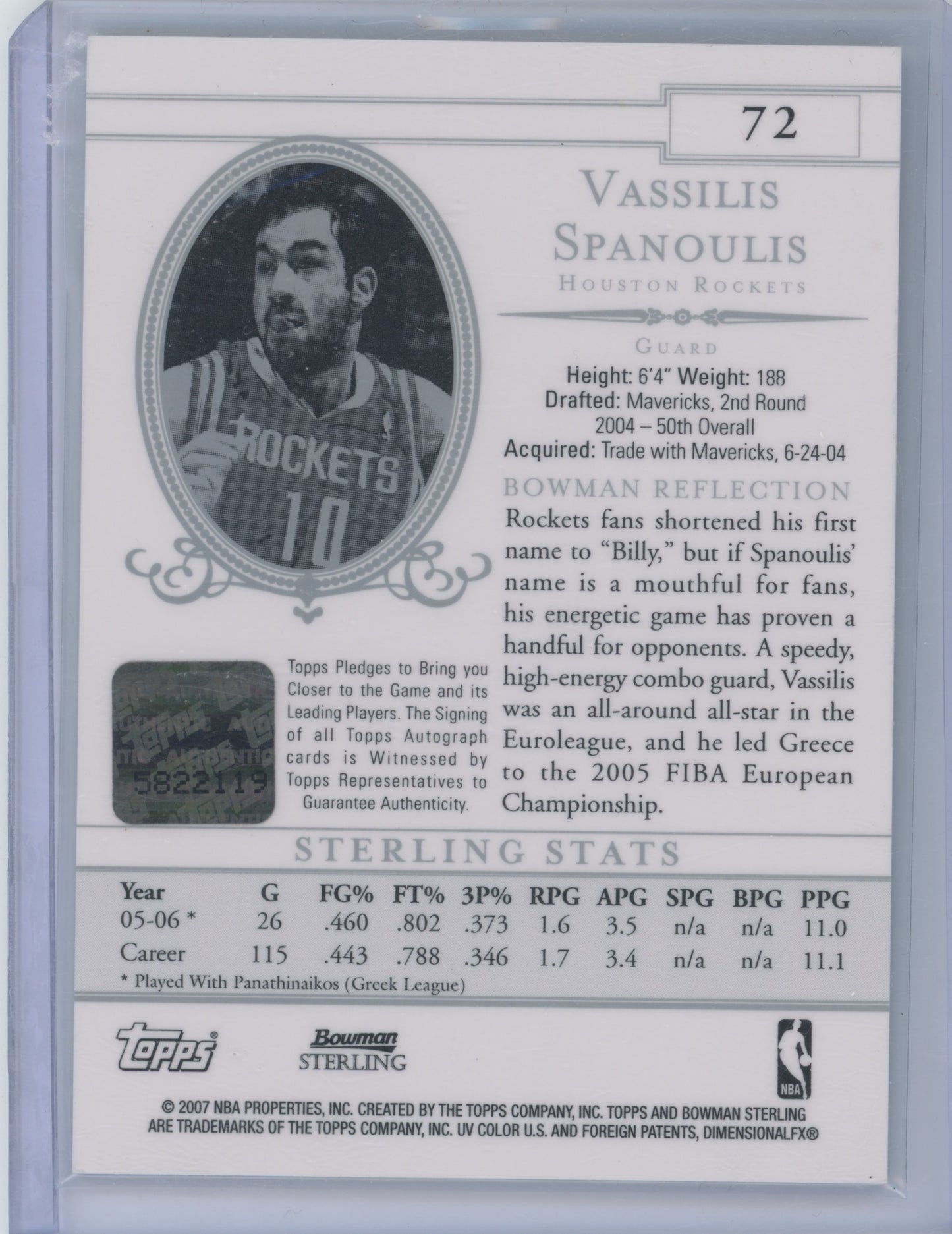 2006 Bowman Sterling Vassilis Spanoulis #72 Autograph RC