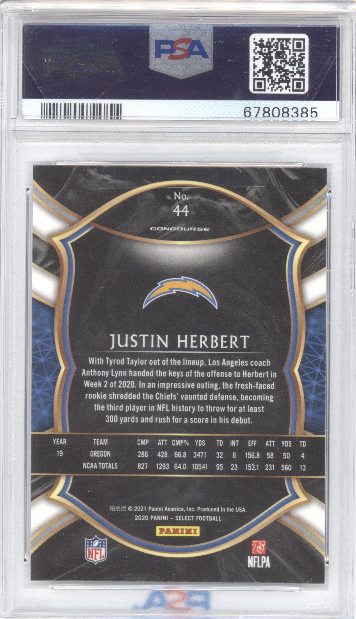 2020 Panini Select Justin Herbert #44 RC PSA 10