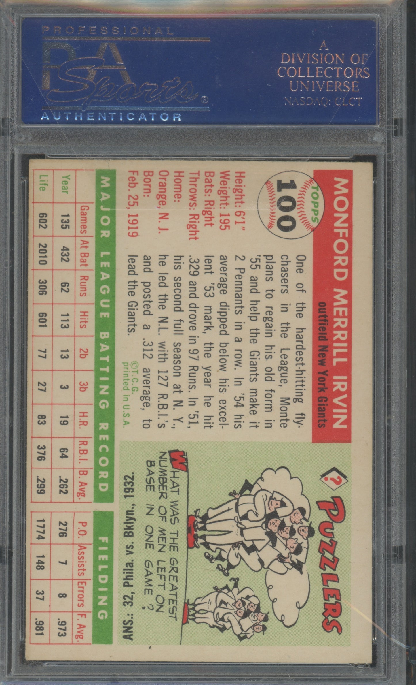 1955 Topps Monte Irvin #100 PSA 6