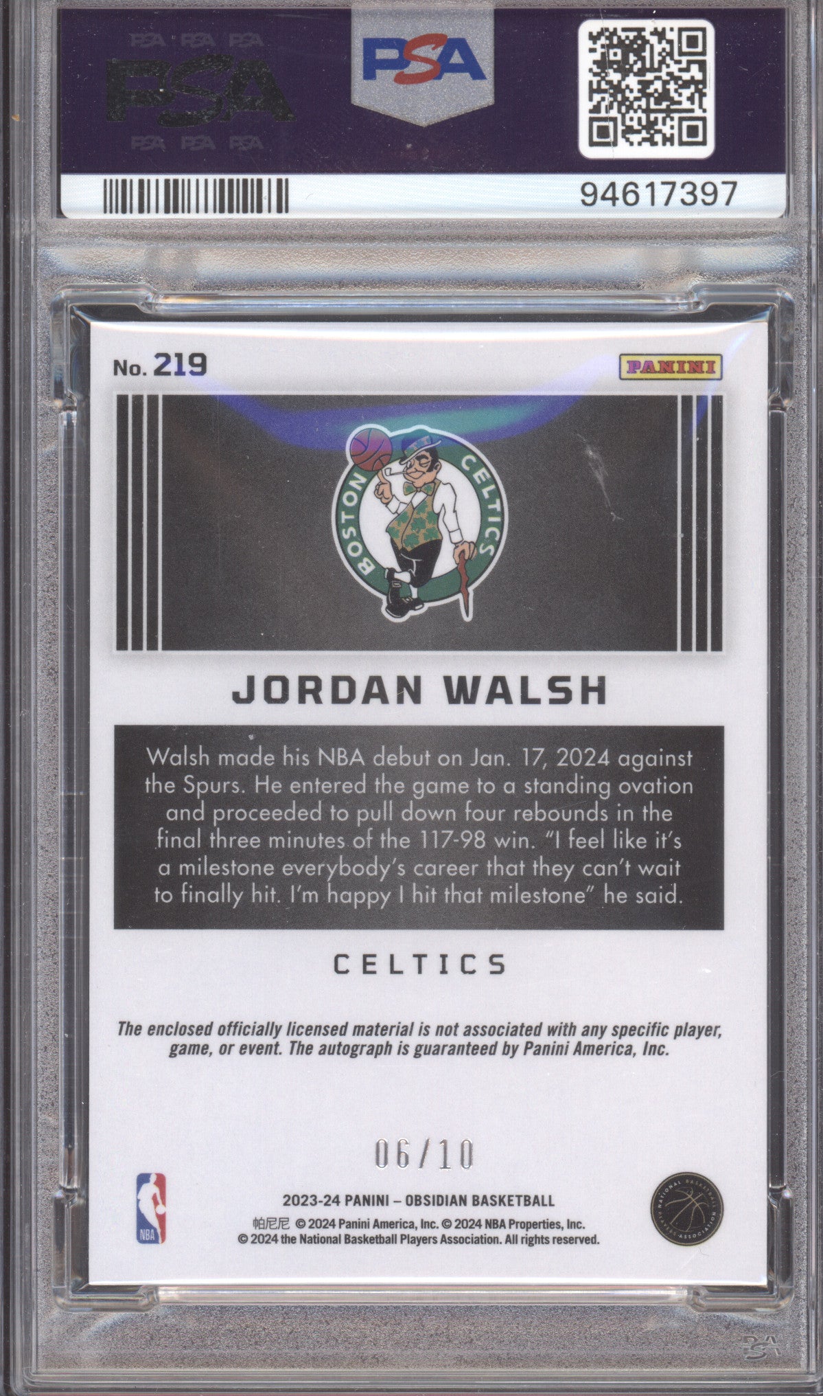 2023 Panini Obsidian Jordan Walsh #219 Jersey Auto Ee Gold Flood 6/10 PSA 10