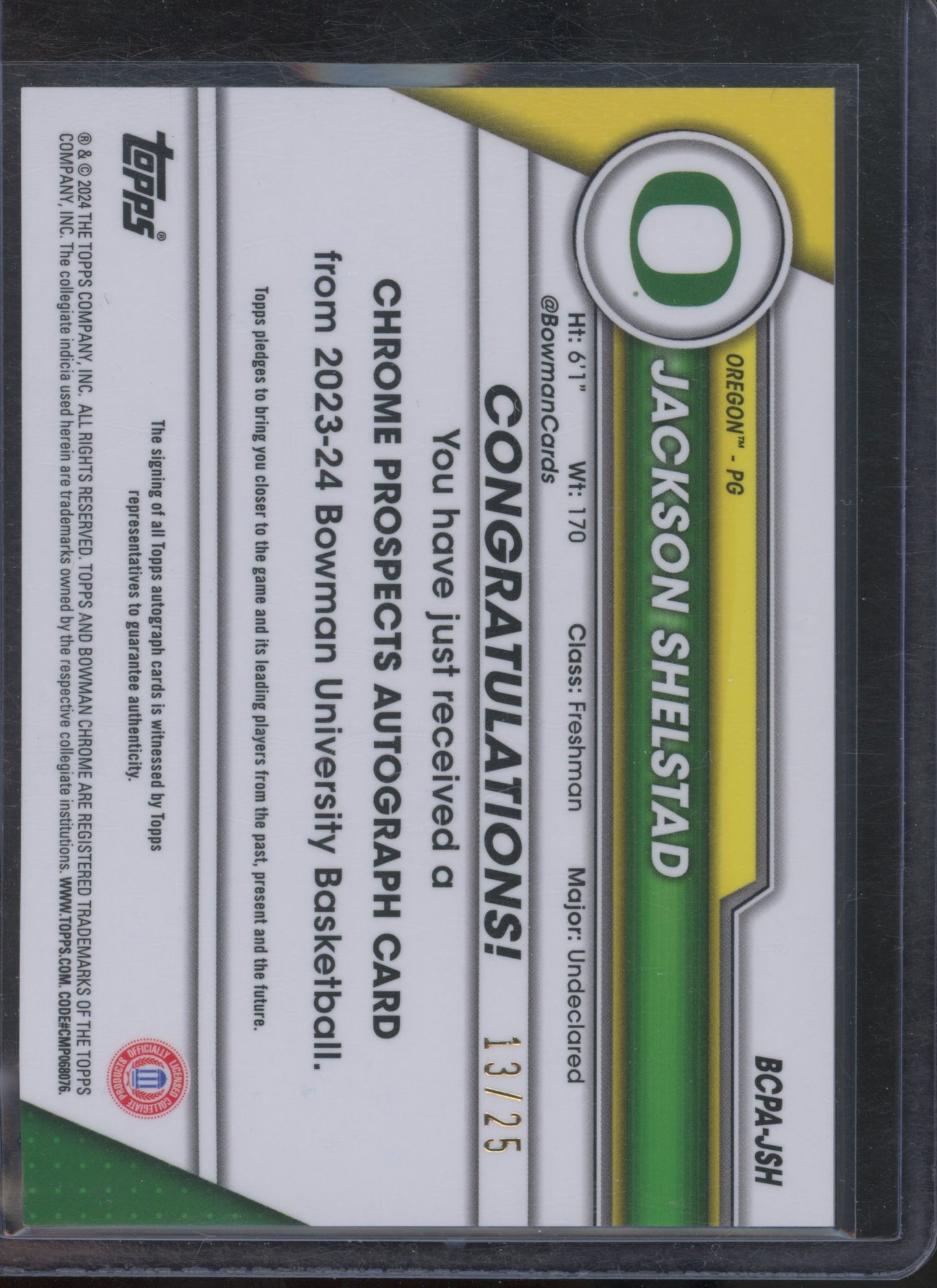 2023 Bowman Chrome Jackson Shelstad #BCP-ASH 13/25
