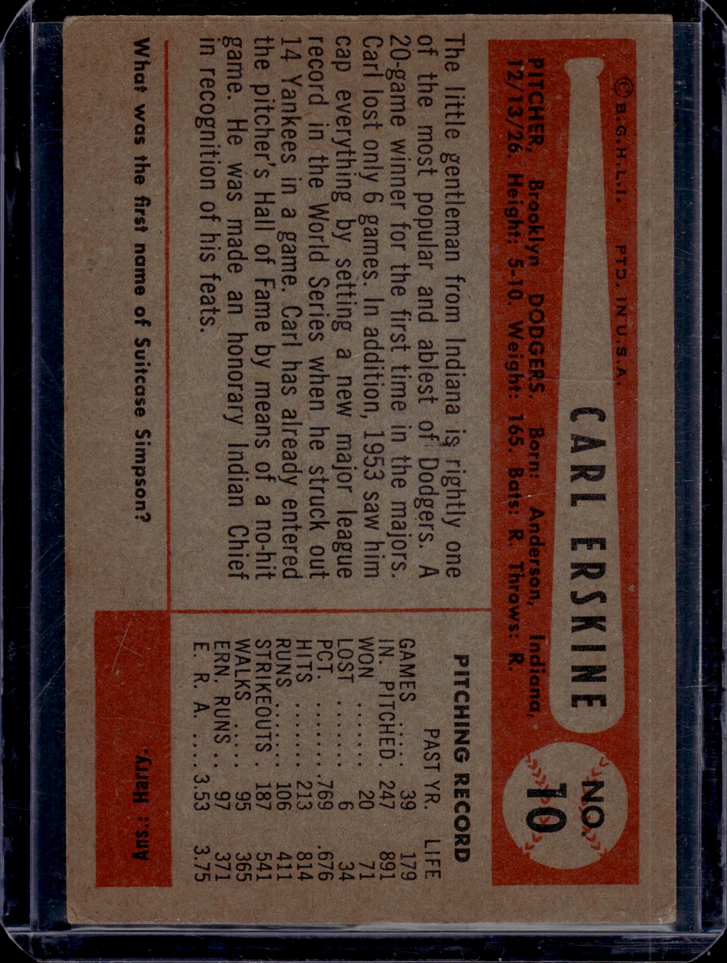 1954 Bowman Carl Erskine #10
