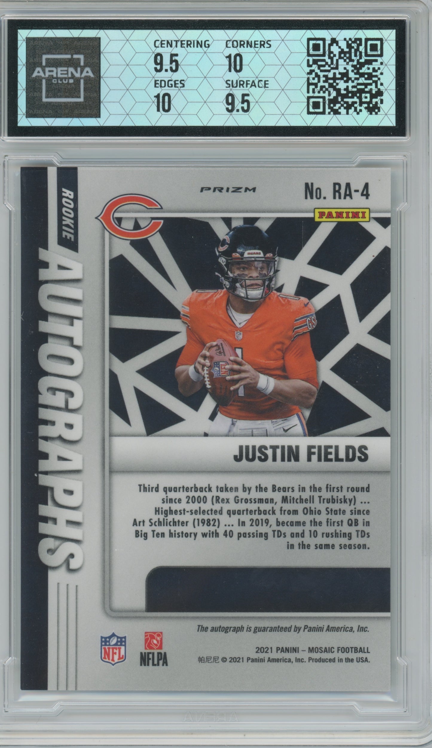 2021 Panini Mosaic Rookie Autos Justin Fields #RA-4 RC Arena Club 10 Auto 10