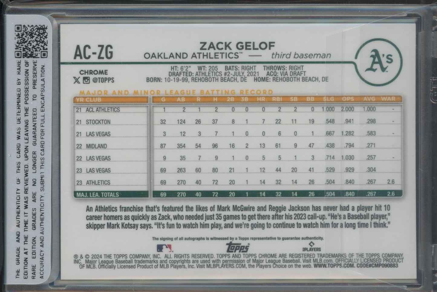 2023 Topps Chrome Update Zack Gelof #AC-ZG Gold RC 29/50