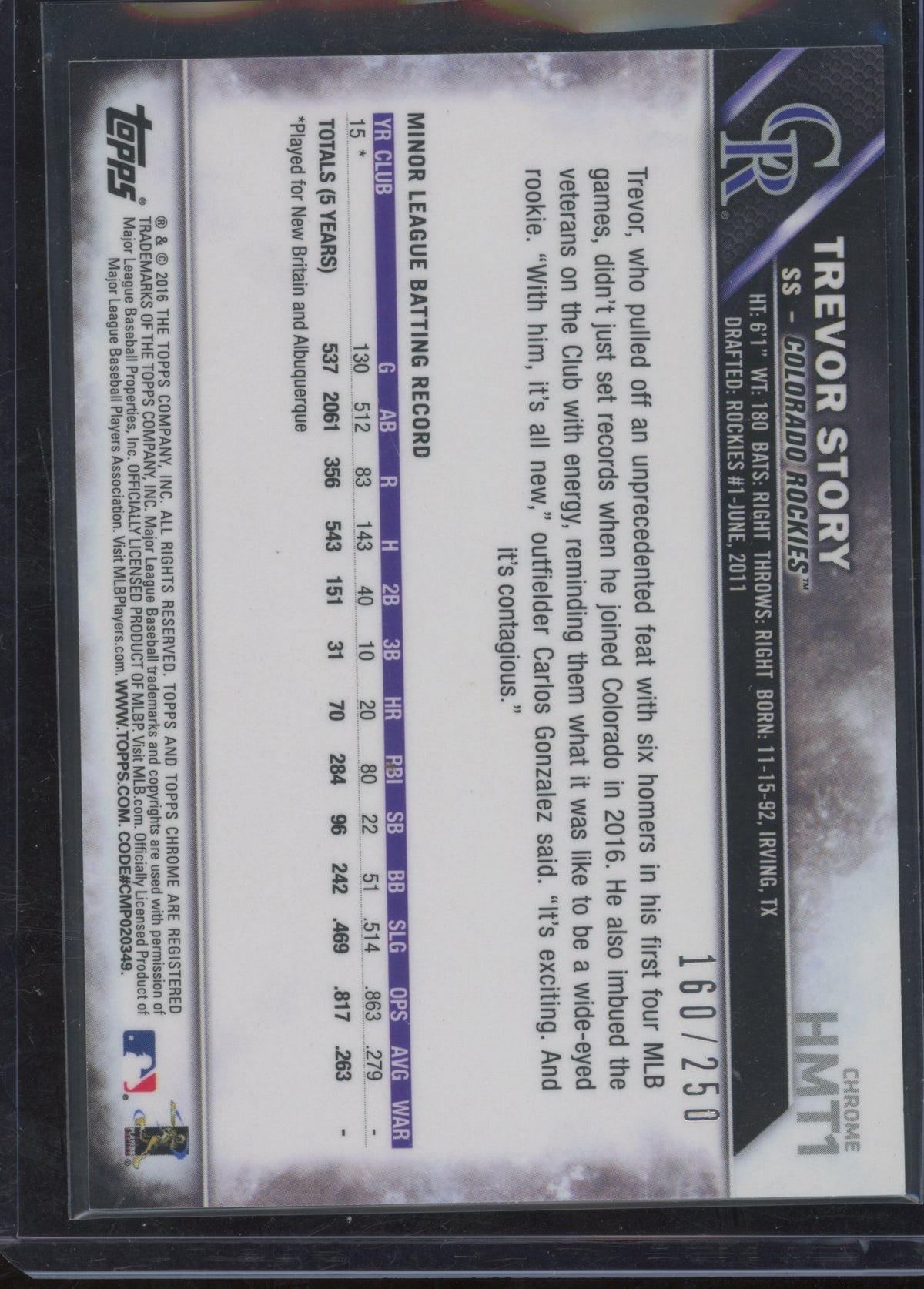 2016 Topps Chrome Update Trevor Story #HMT1 Refractor RC 160/250