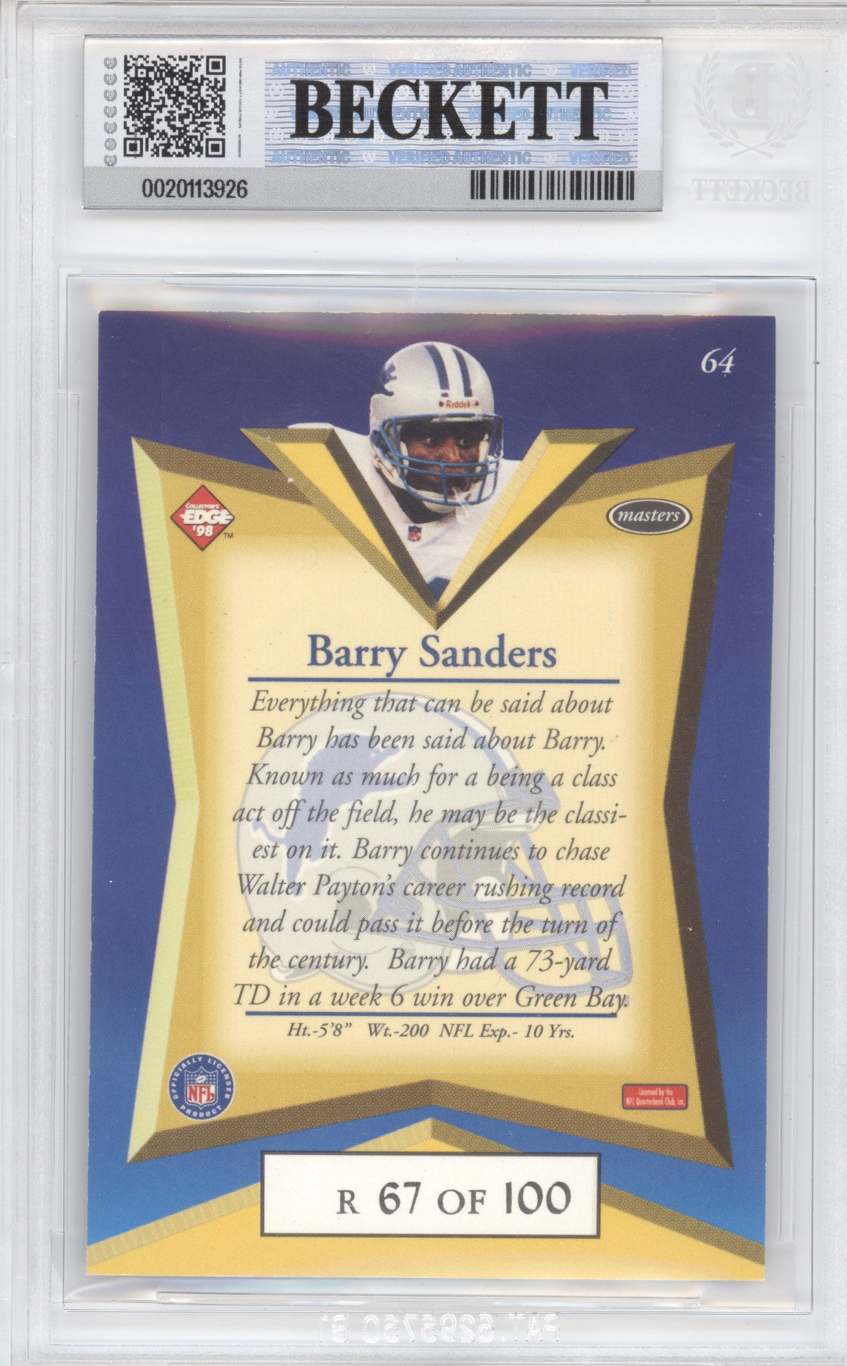 1998 Collectors Edge Masters Gold Redemption Barry Sanders #64 67/100 67 BGS 8.5