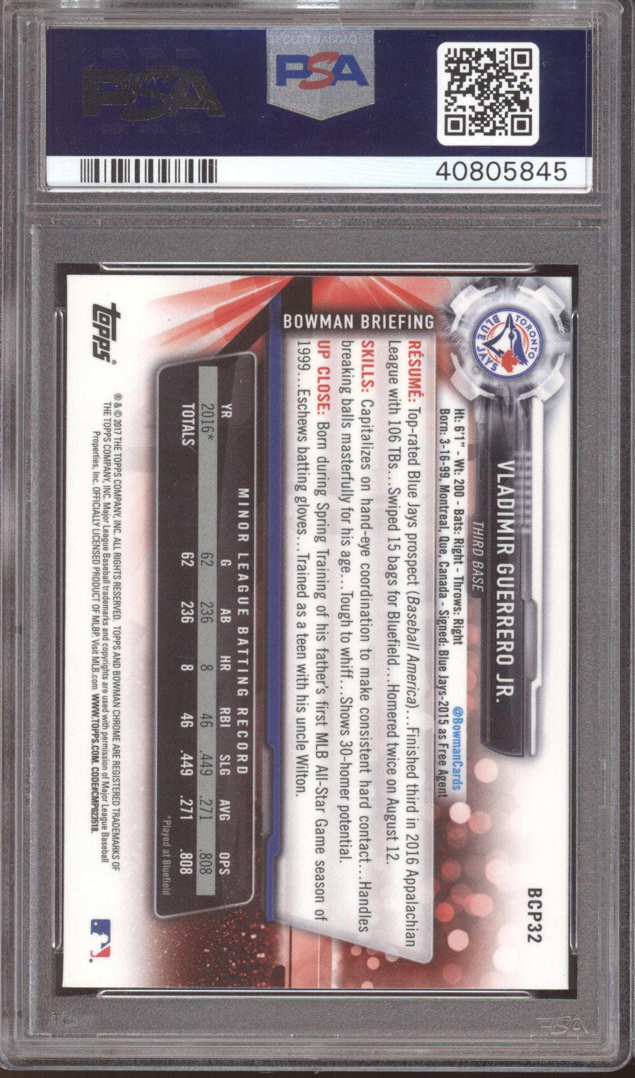 2017 Bowman Mega Box Chrome Prospects Vladimir Guerrero JR. #BCP32 PSA 10