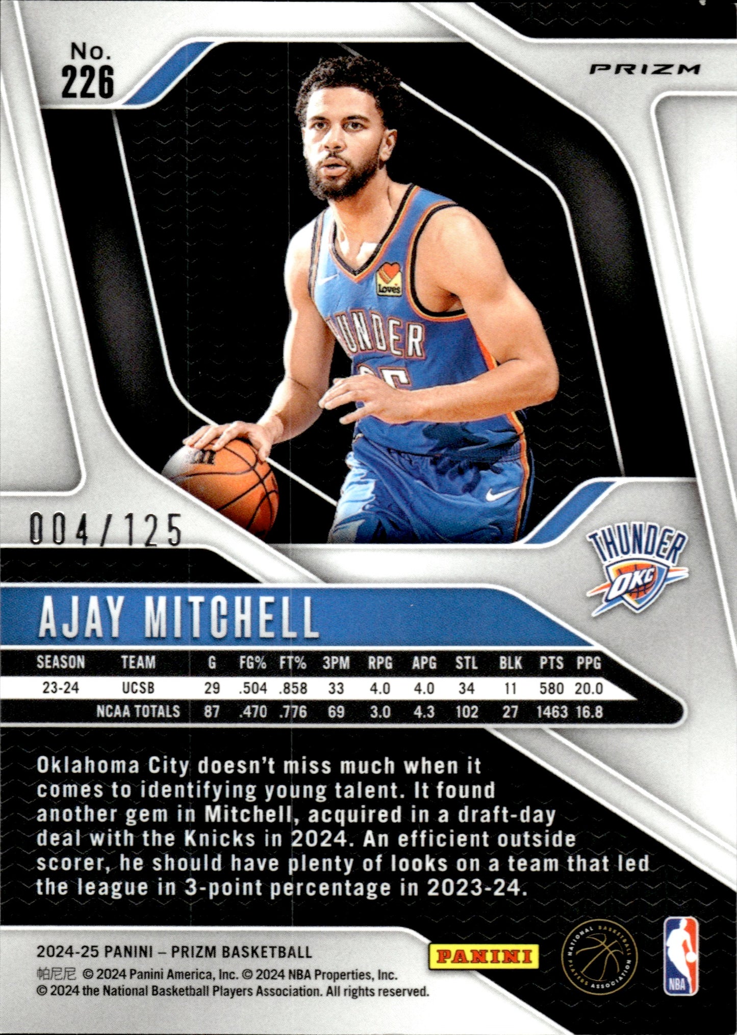 2024-25 Prizm Ajay Mitchell #226 Orange Fast Break RC 004/125