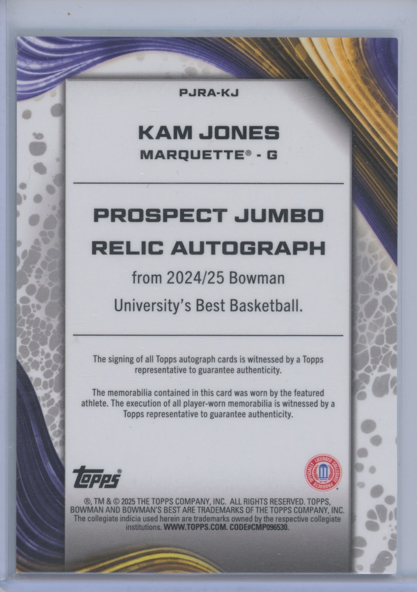 2024 Bowman University Best Kam Jones #PJRA-KJ Autograph Relic 35/63