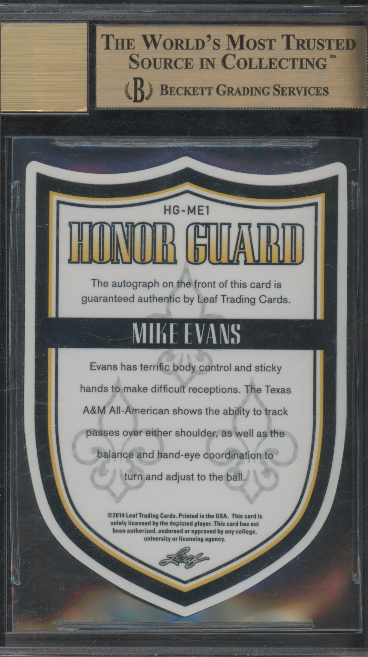 2014 Leaf Valiant Draft Honor Guard Die Cut Mike Evans #HGME1 BGS 9.5 Auto 10