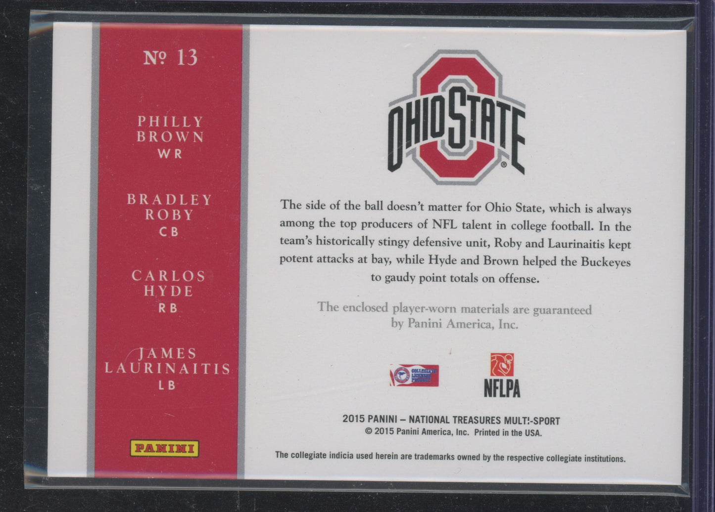 2015 National Treasures Hyde Roby Brown Laurinaitis #13 Patch 52/99