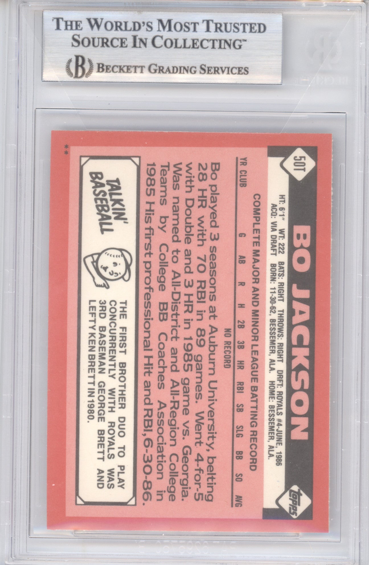 1986 Topps Traded Bo Jackson #50T XRC BGS 8.5