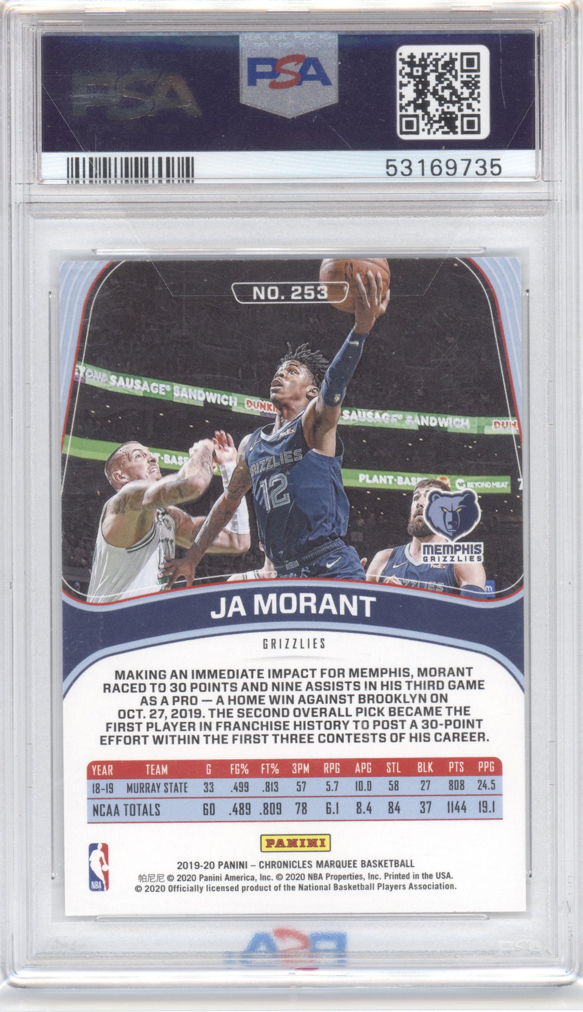 2019 Panini Chronicles Ja Morant #253 RC PSA 10