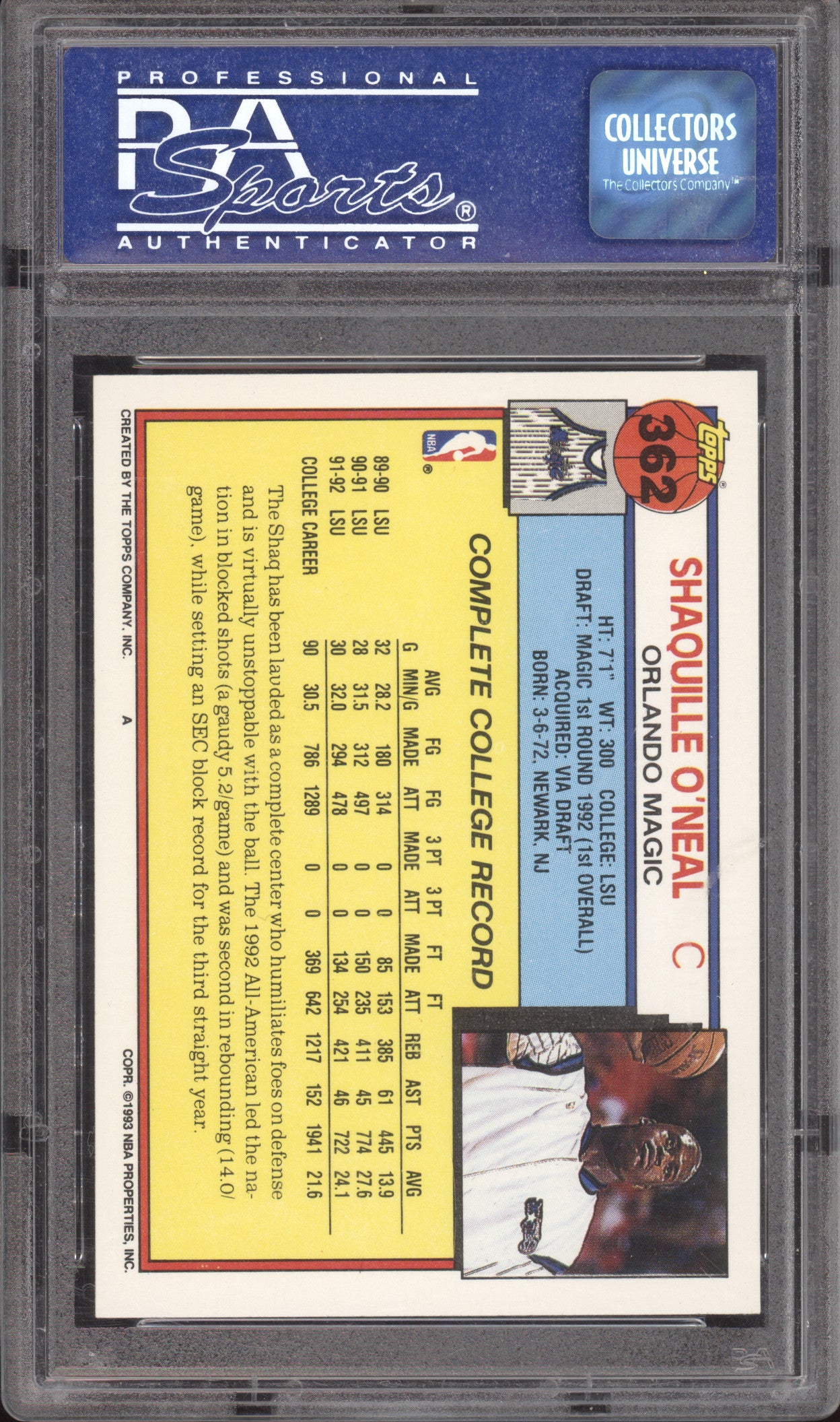 1992 Topps Shaquille O'Neal #362 PSA 9