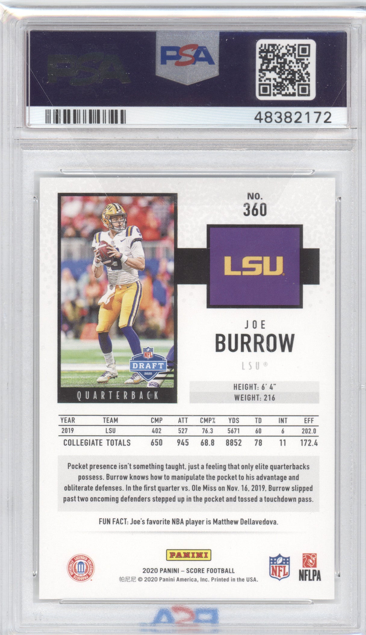 2020 Panini Score Joe Burrow #360 PSA 10