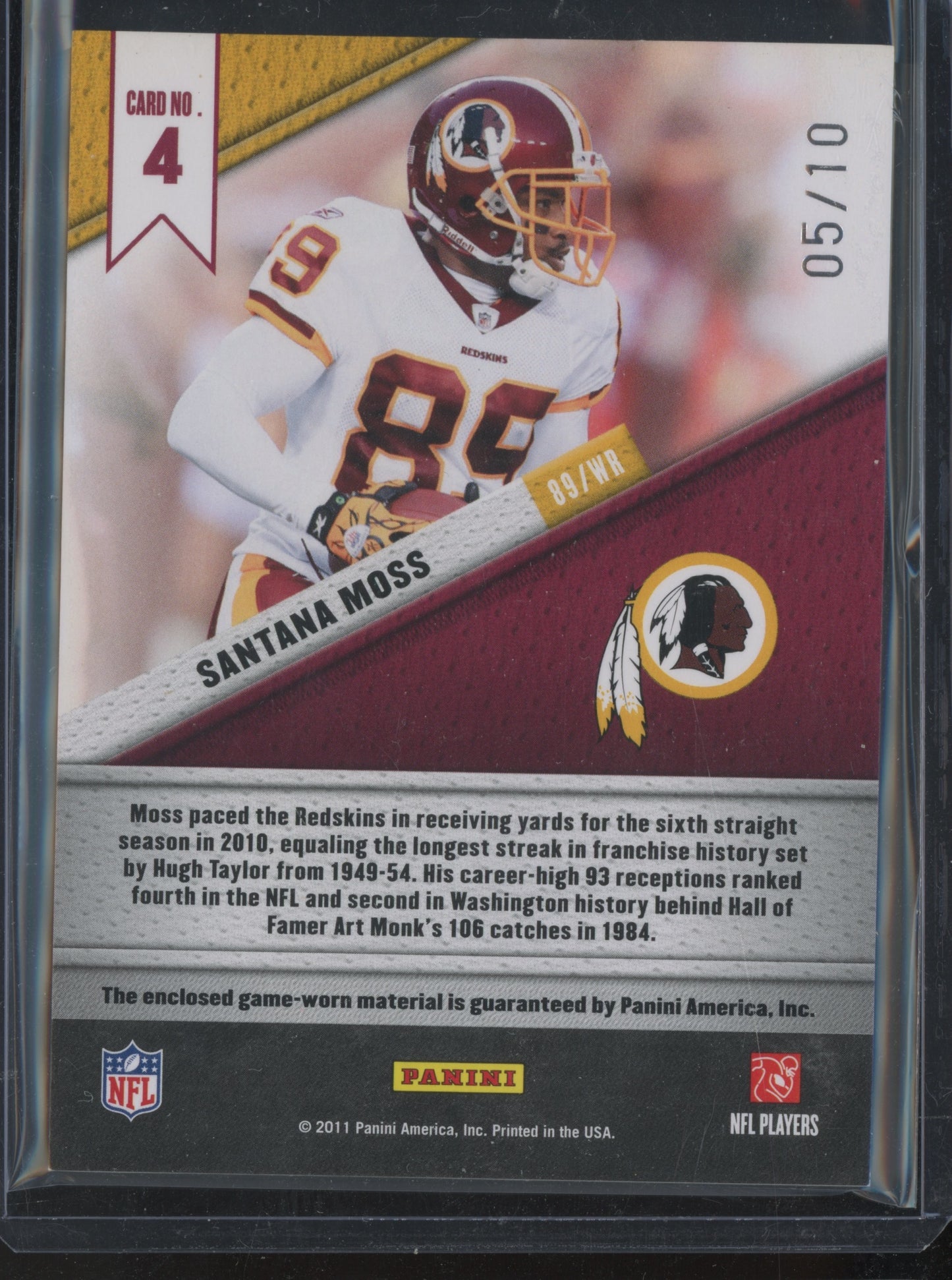 2011 Panini Certified Santana Moss #4 05/10 Prime Fabric of the Game