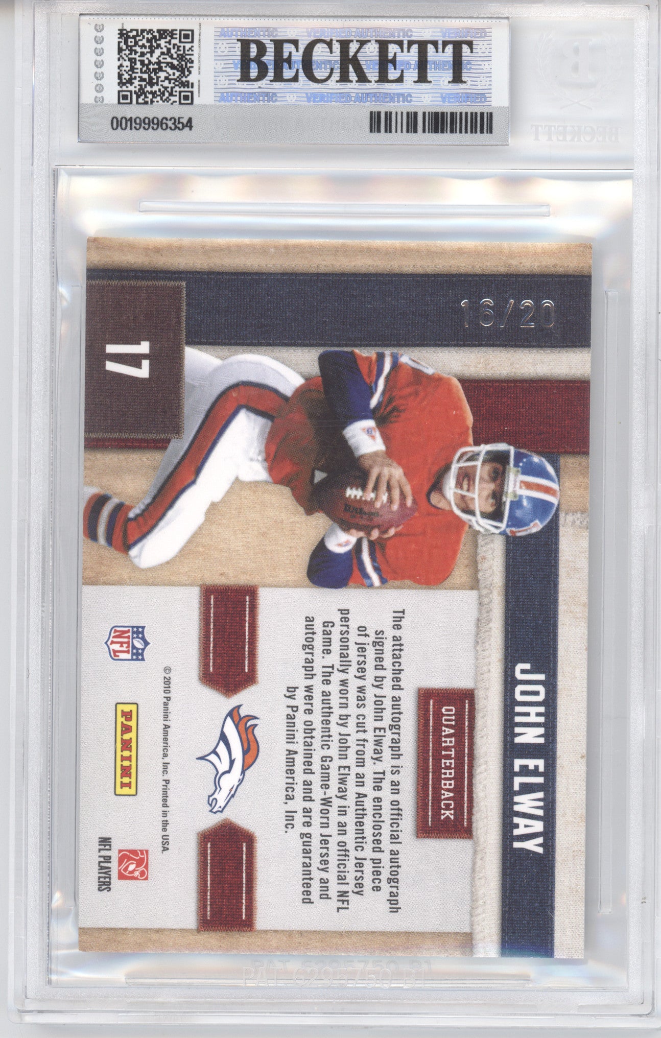 2010 Absolute Memorabilia Canton Absolutes Auto John Elway 16/20 BGS 9 Auto 10