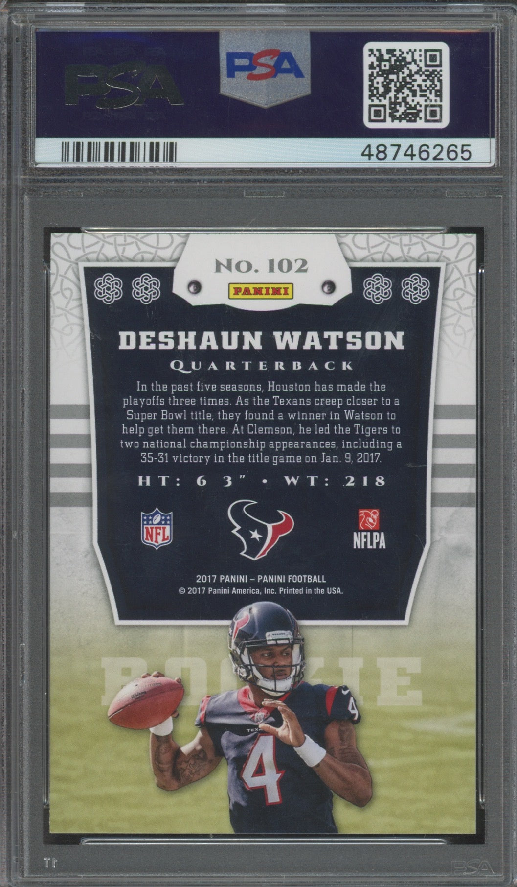 2017 Panini Deshaun Watson #102 Shining Armor PSA 10
