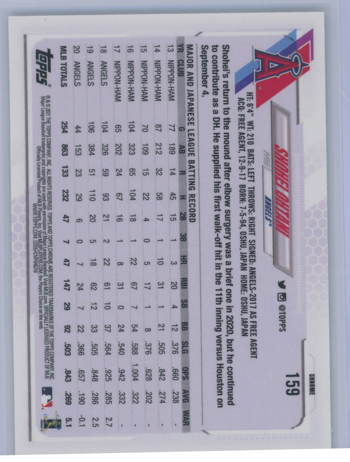 2021 Topps Chrome Shohei Ohtani #159 Refractor