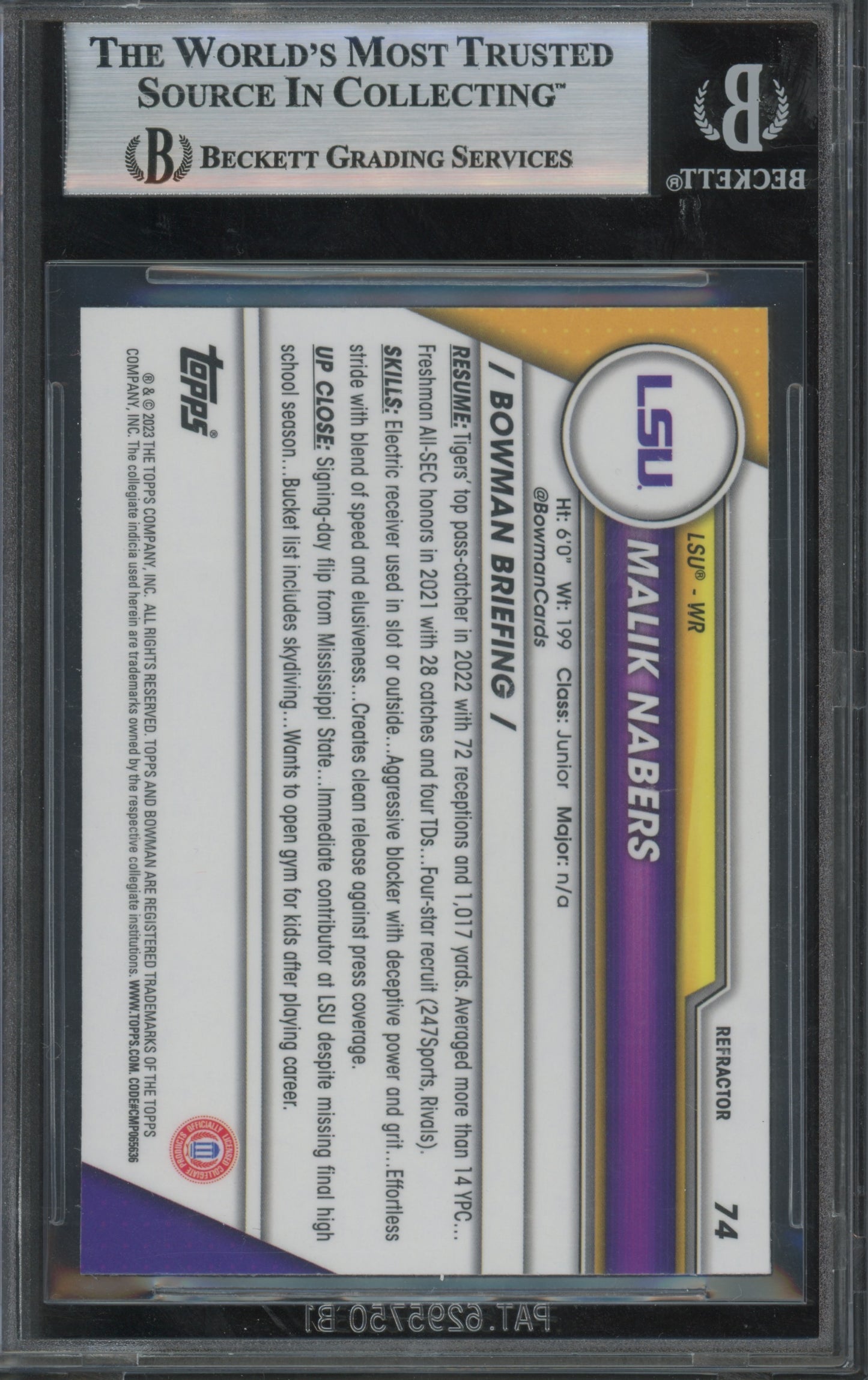 2023 Bowman Chrome University Refractors Malik Nabers #74 BGS 8.5