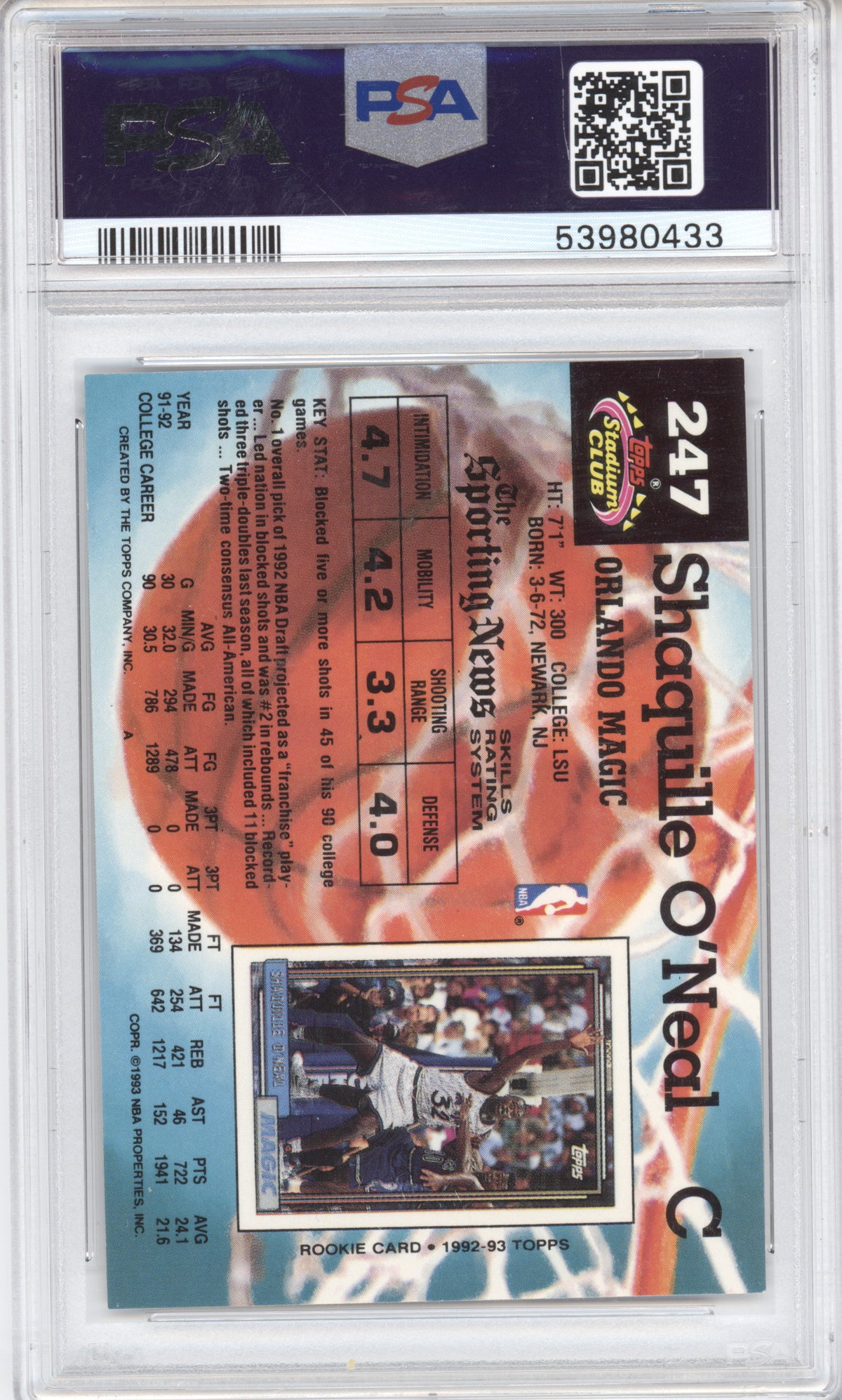 1992 Stadium Club Shaquille O'Neal #247 PSA 9