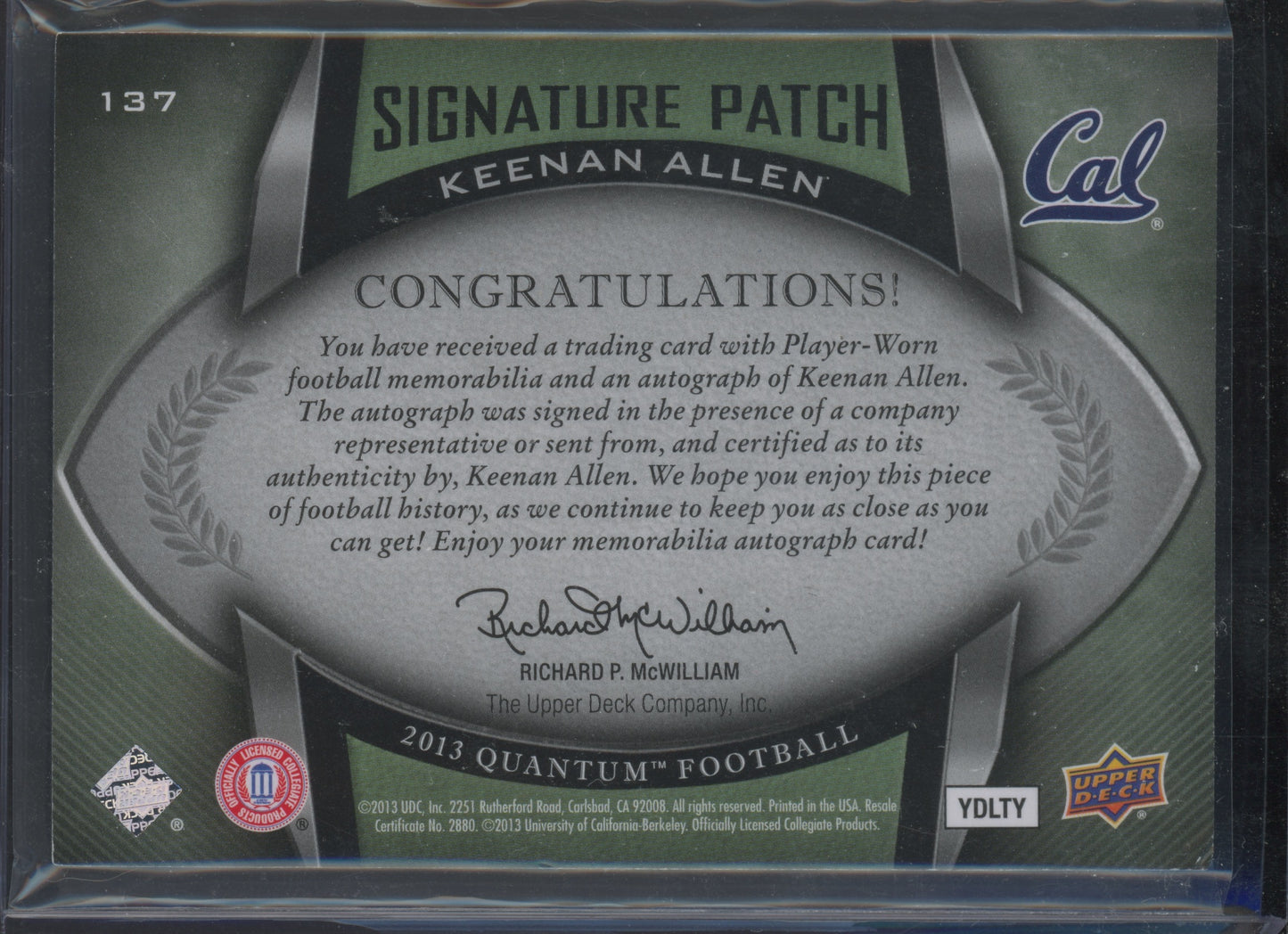 2013 Upper Deck Quantum Signature Patch Keenan Allen #137 Auto 180/265 Patch