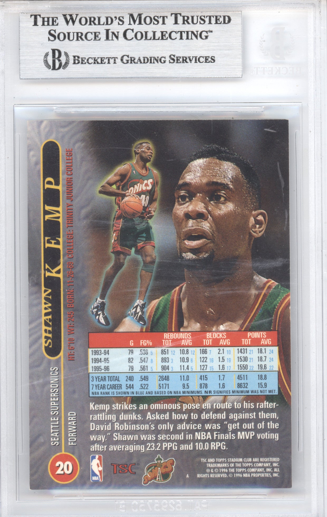 1996 Stadium Club Shawn Kemp #20 BGS 0 BAS Auto A
