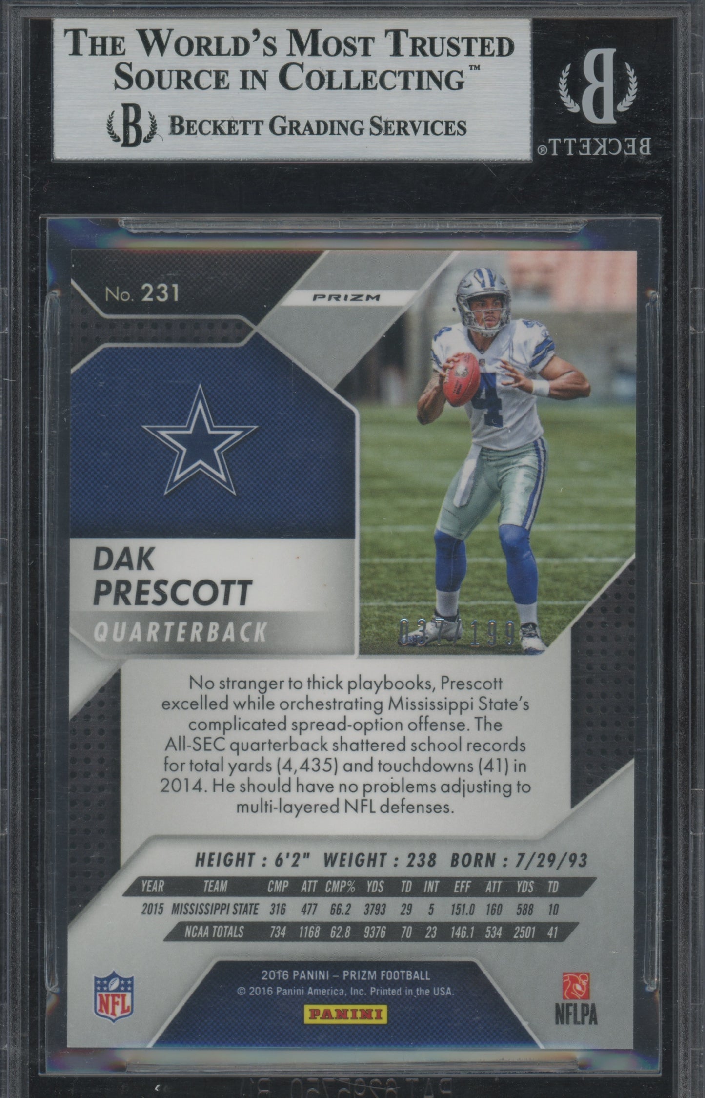 2016 Panini Prizm Dak Prescott #231 Light Blue RC 37/199 BGS 9