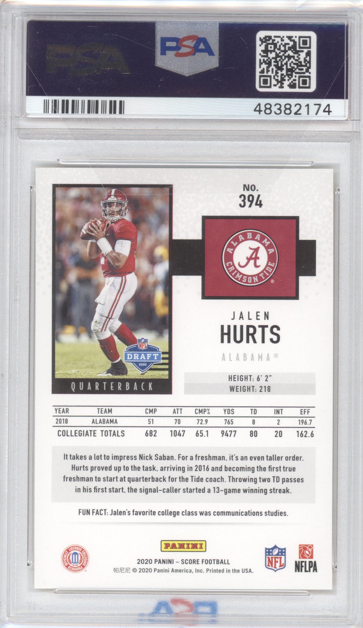 2020 Panini Score Jalen Hurts #394 Gold PSA 10