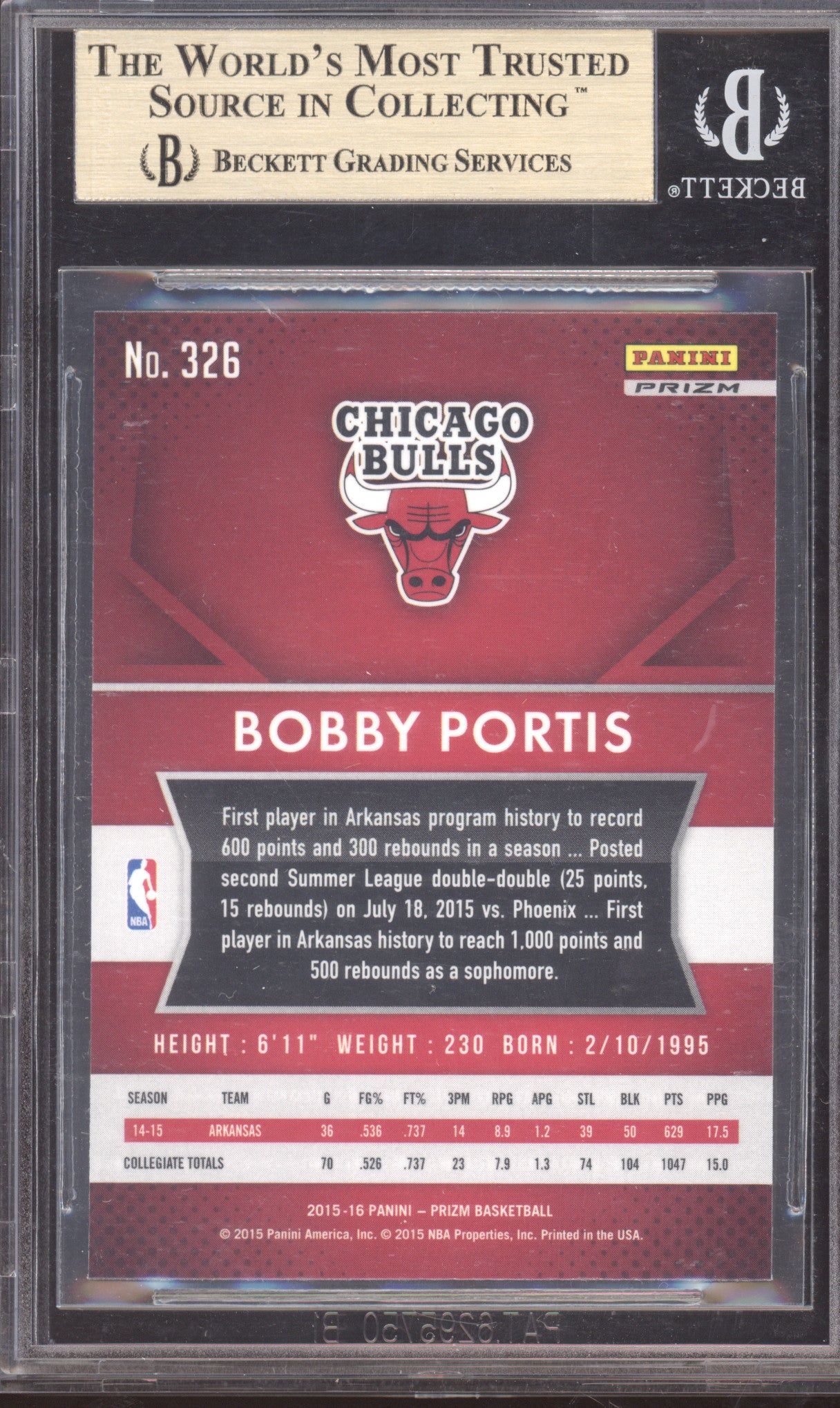 2015 Panini Prizm Bobby Portis #326 BGS 10
