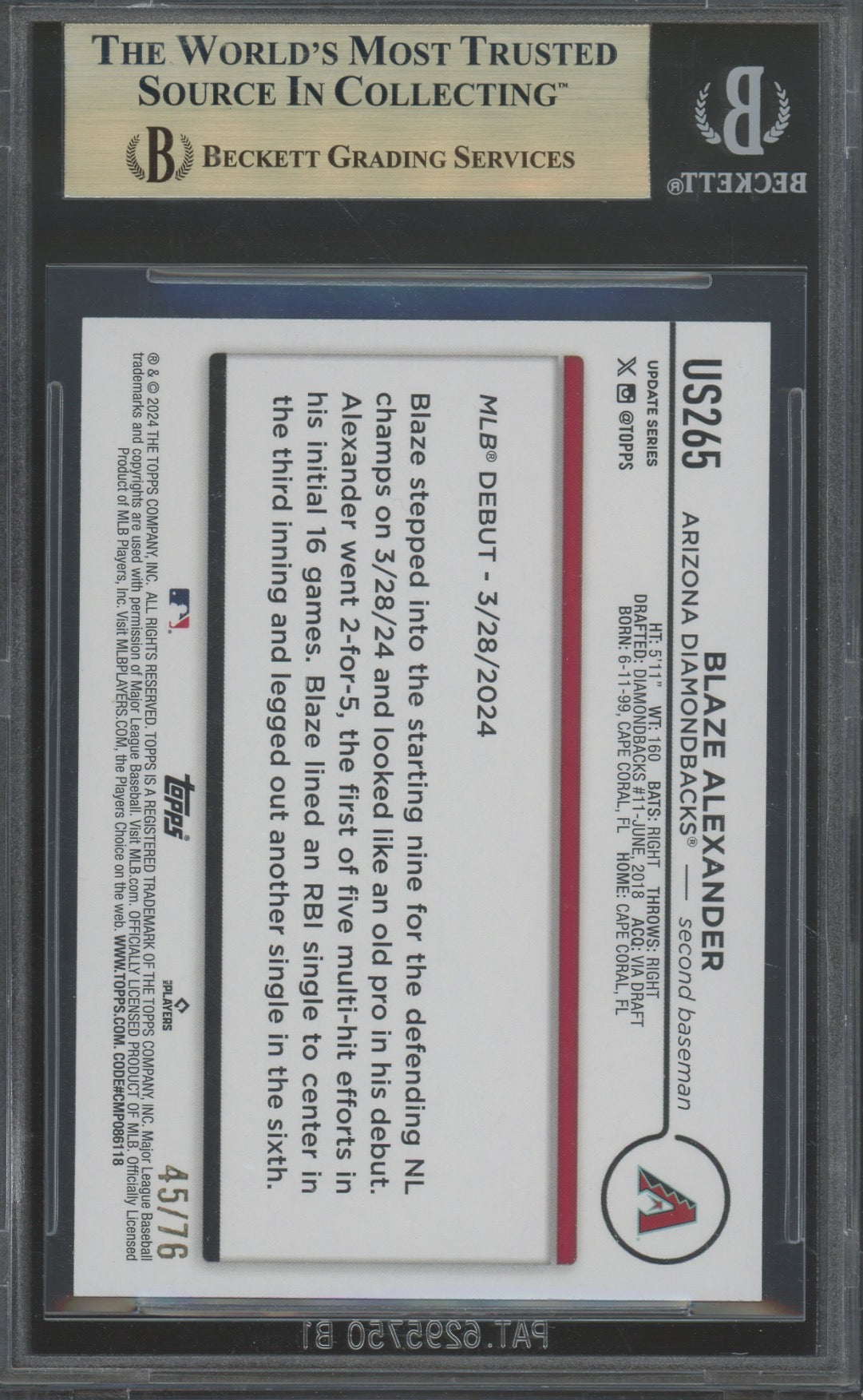 2024 Topps Update Independence Day Blaze Alexander #US265 BGS 9.5