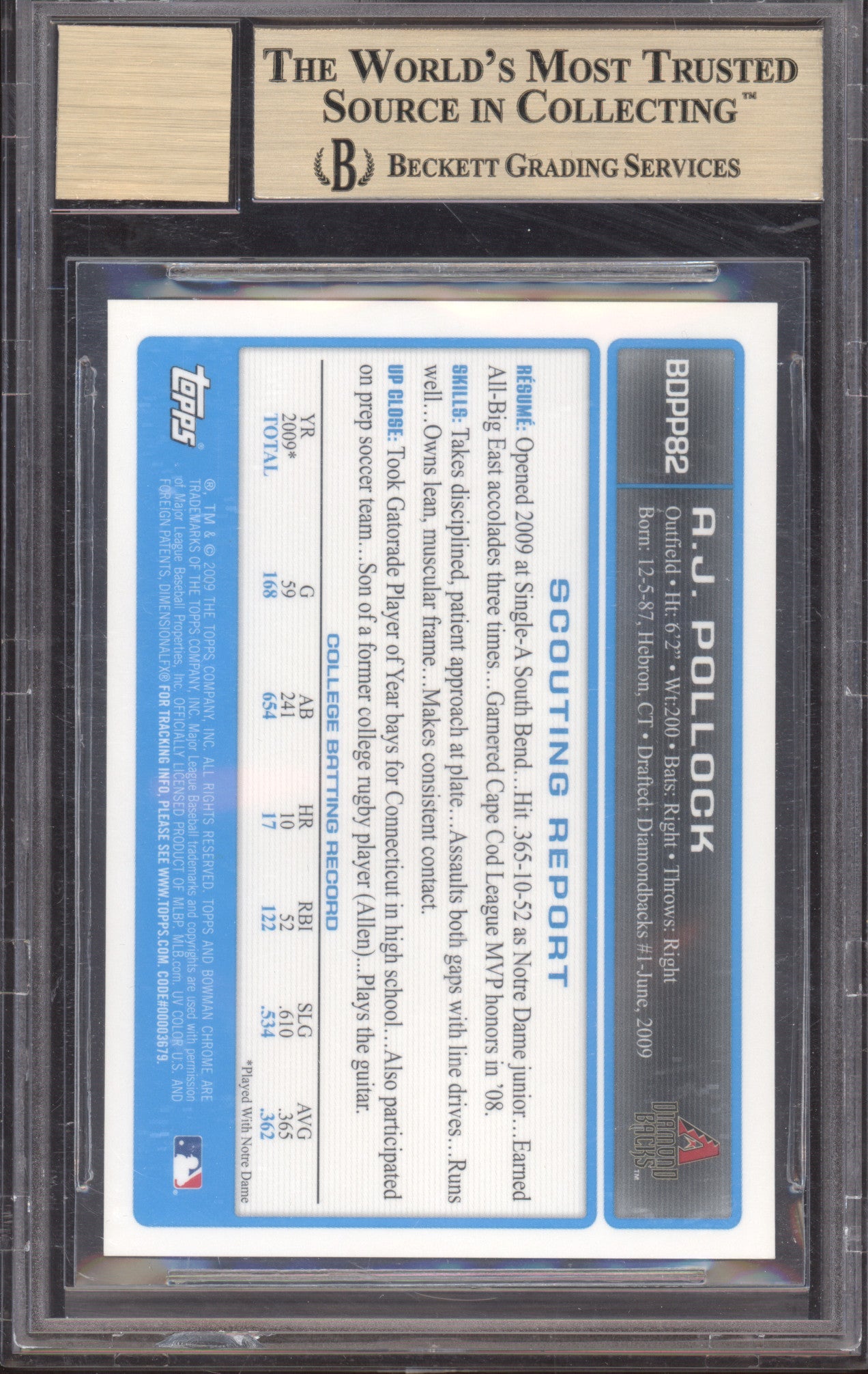 2009 Bowman Chrome Draft Prospects A.J. Pollock #BDPP82 BGS 9.5 Auto 10